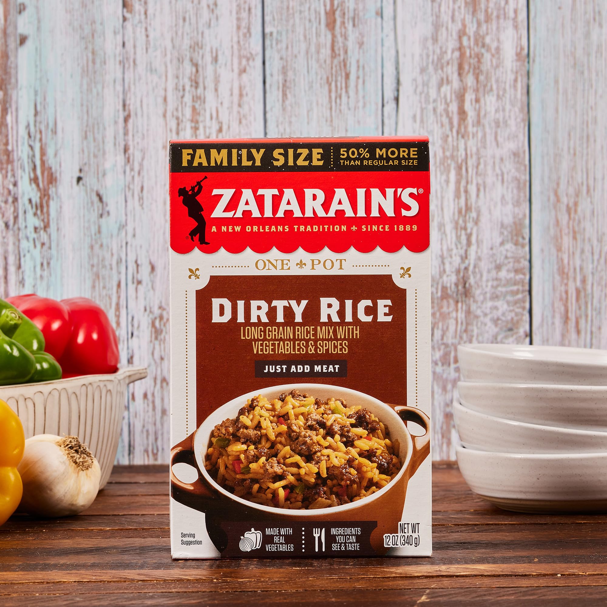 Zatarain's Rice Mix, Dirty Rice, Family Size, Gluten Free, No MSG Added, Long Grain White Rice, Onions and Bell Peppers with Cajun Seasonings, Made with Real Vegetables, 12 oz