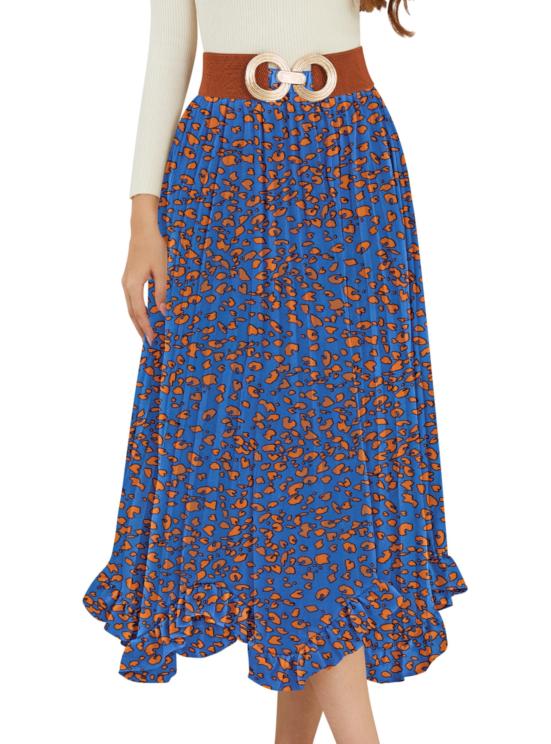 CYiNu Pleated Midi Skirt for Women Elegant Silk Stain High Waist A-Line Ruffled Midi Skirts