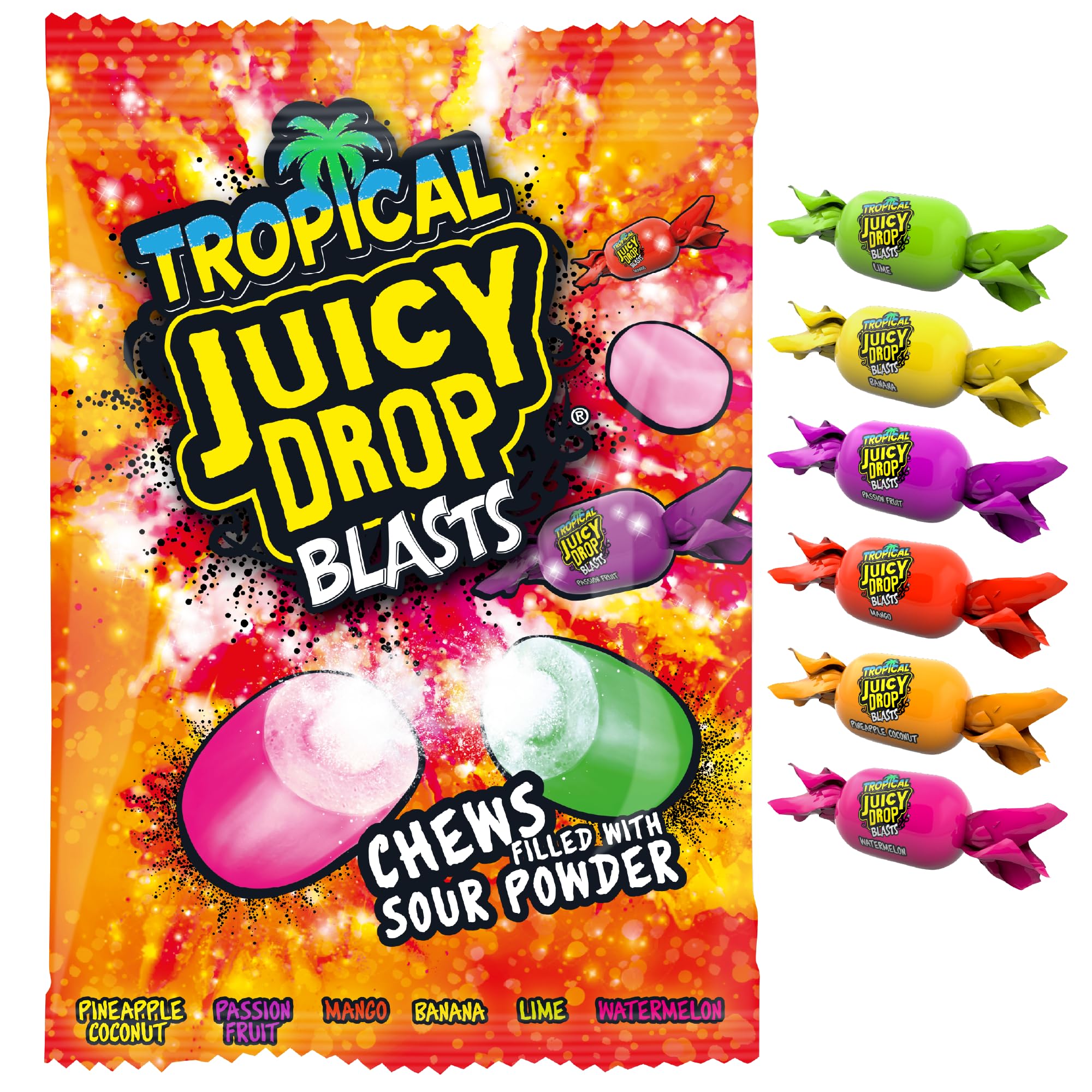 Juicy Drop Blasts Tropical (12 x 140g Bulk Sweets) Chewy Sweet and Sour Kids Sweets for Party Bags, 6 Tasty Flavours, Individually Wrapped - Halal Sweet and Sour Candy