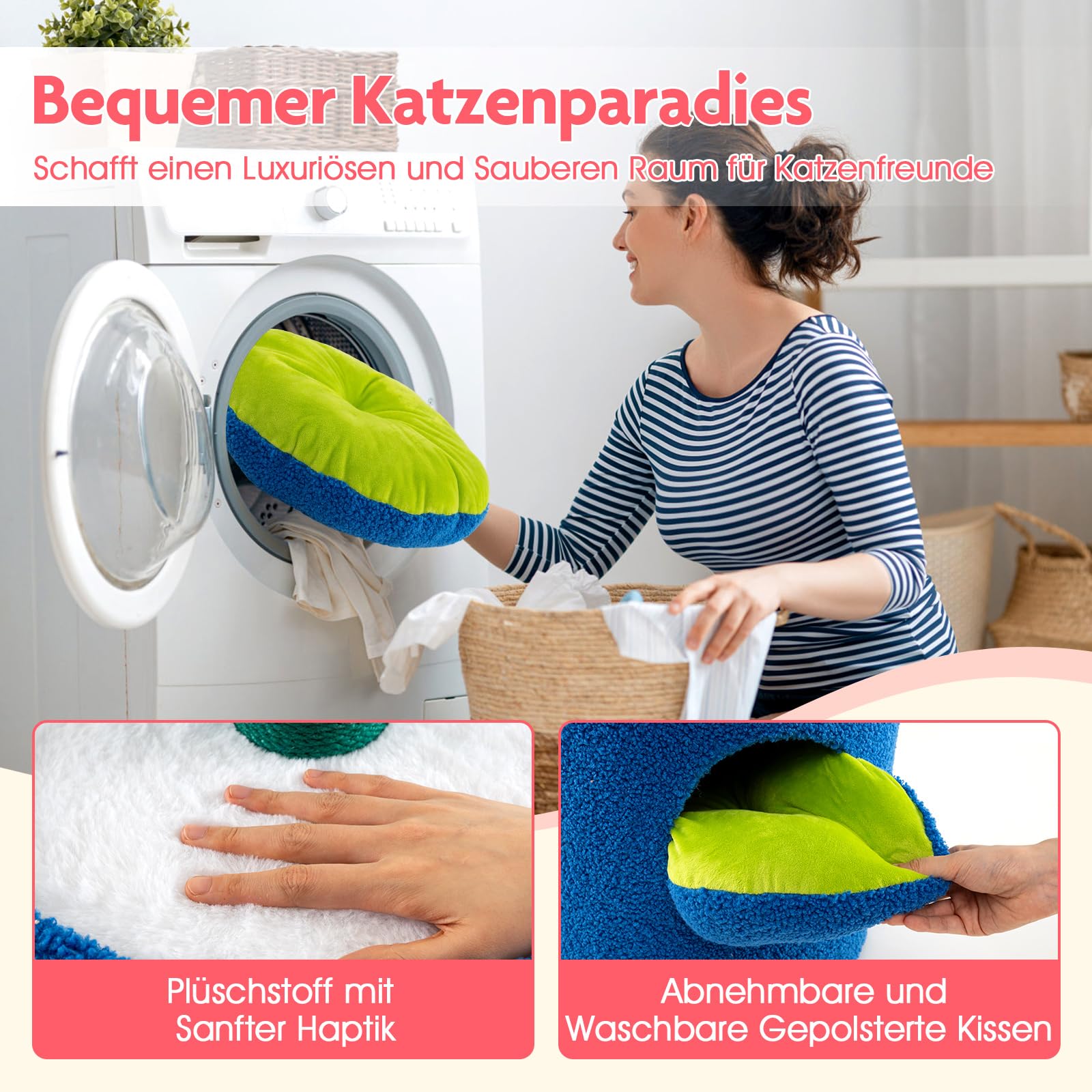 COSTWAY Mały drapak dla kota, wysokość 72 cm, słodki drapak dla kota z jaskiniami dla kotów, domek na rośliny z platformą na kwiaty, pień do drapania i giętkimi liśćmi, drapak dla kotów (niebieski +