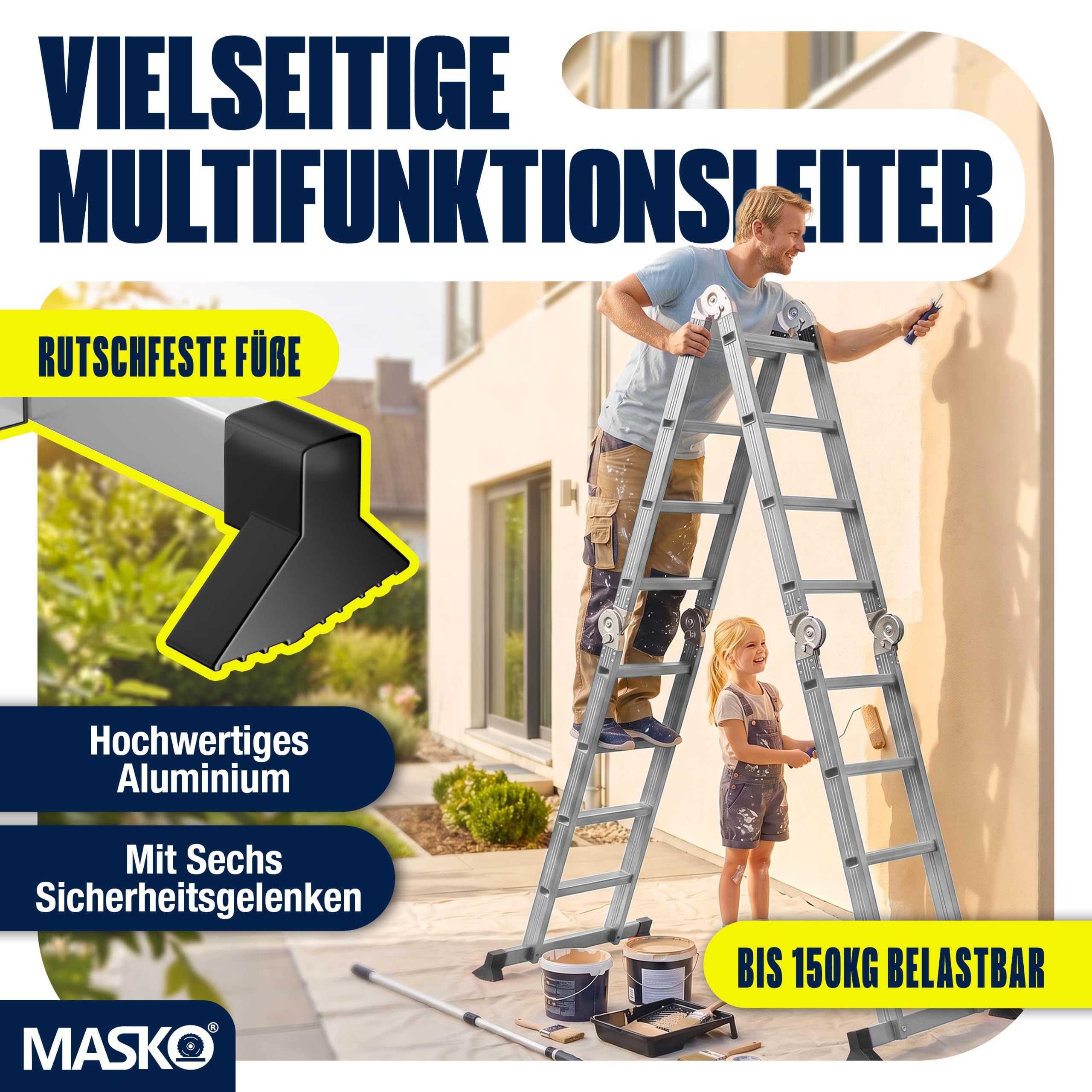 MASKO® Leiter Aluminium 4x3 Stufen, Mehrzweckleiter | - 360 cm | | 150 Kg belastbar, 6in1 multifunktional mit Verriegelung, Gelenkleiter, Anlegeleiter, beidseitige Steh- und Treppenleiter
