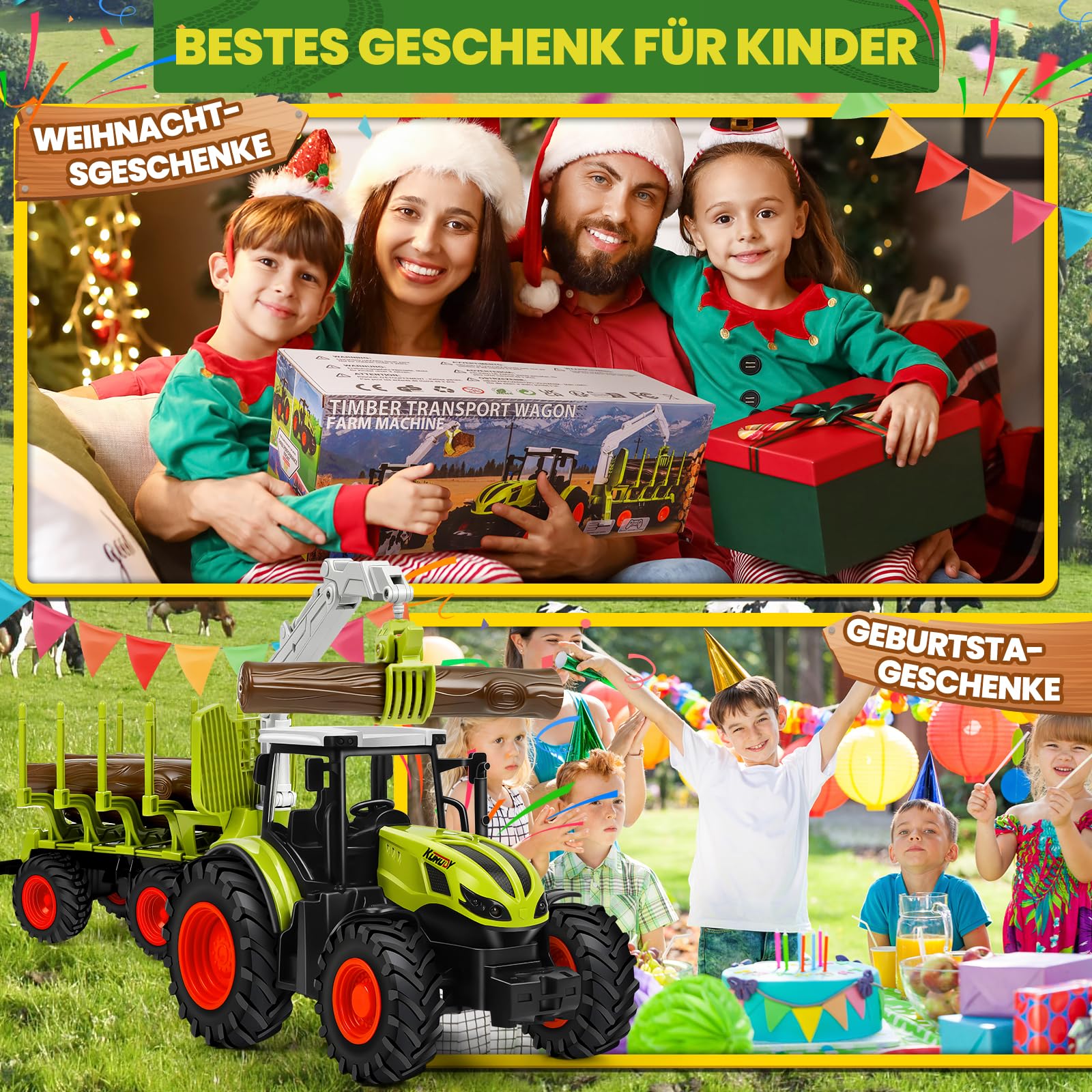 BuzzoXerex Ferngesteuerter Traktor Ferngesteuert, 1:16 RC Traktor mit Anhänger und Licht, 2.4 GHz Traktor Spielzeug mit Baumstämme, Kuh und Heuballen, Geschenk für Kinder ab 3 4 5 6 Jahre