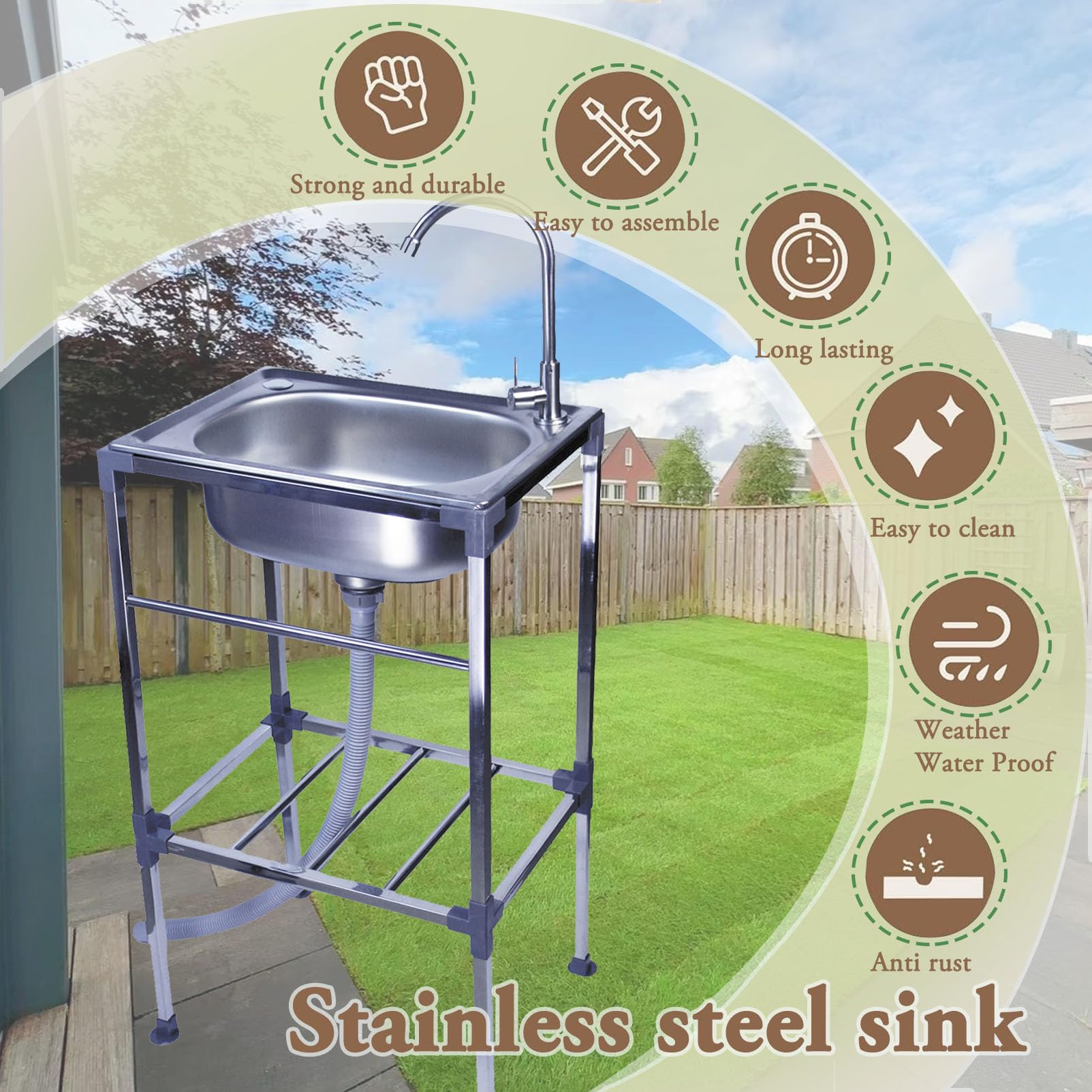 Évier Sur Pieds de Cuisine en Acier Inox 1 Bac Évier De Jardin Extérieur | Lavabo Multifonctionnel Commercial Utilitaire avec Robinet Pivotant,pour Garage,Blanchisserie