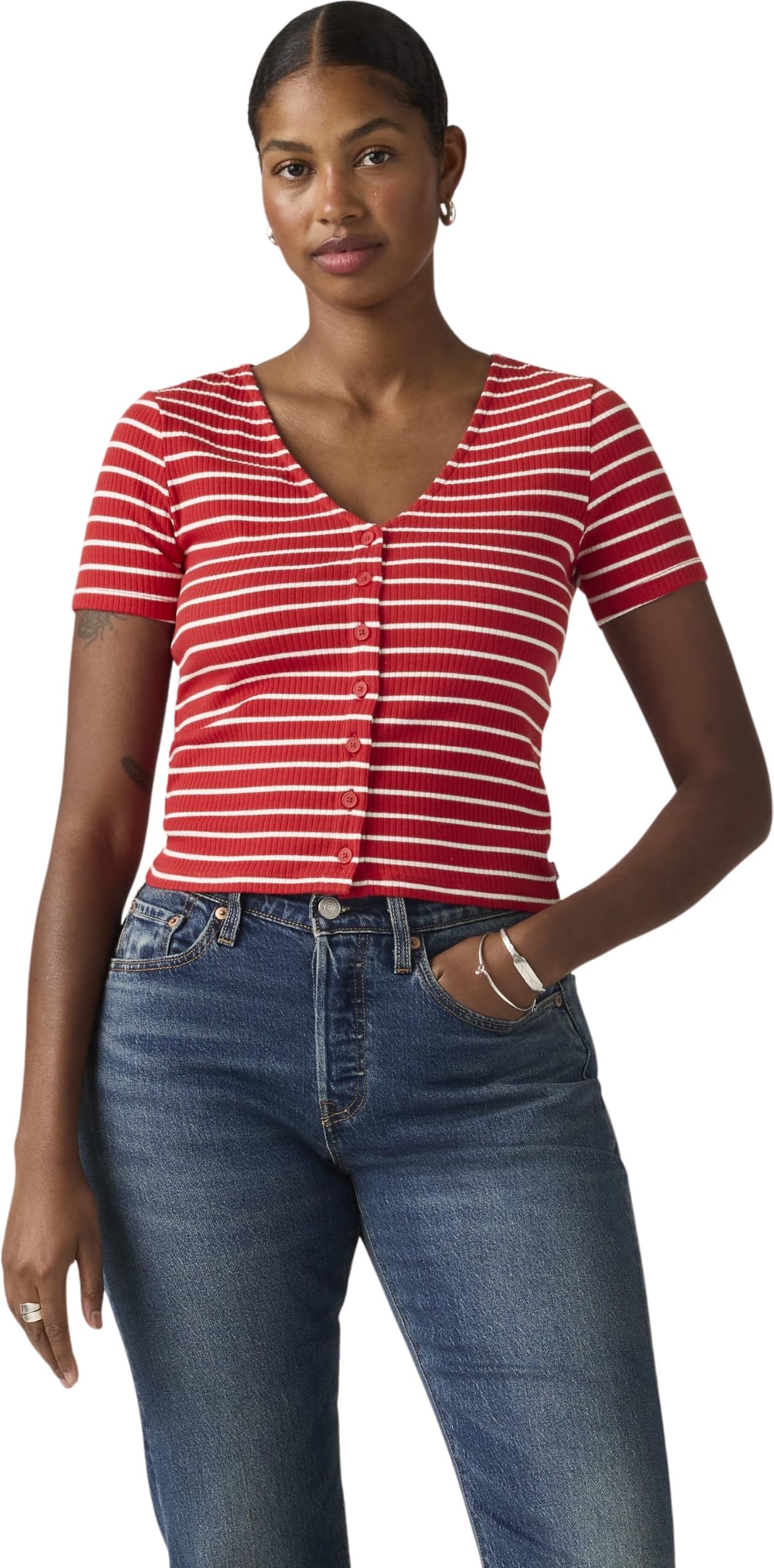 Levis Women's Short Sleeve Striped T-Shirt - Red Stripe - 12 (M)
