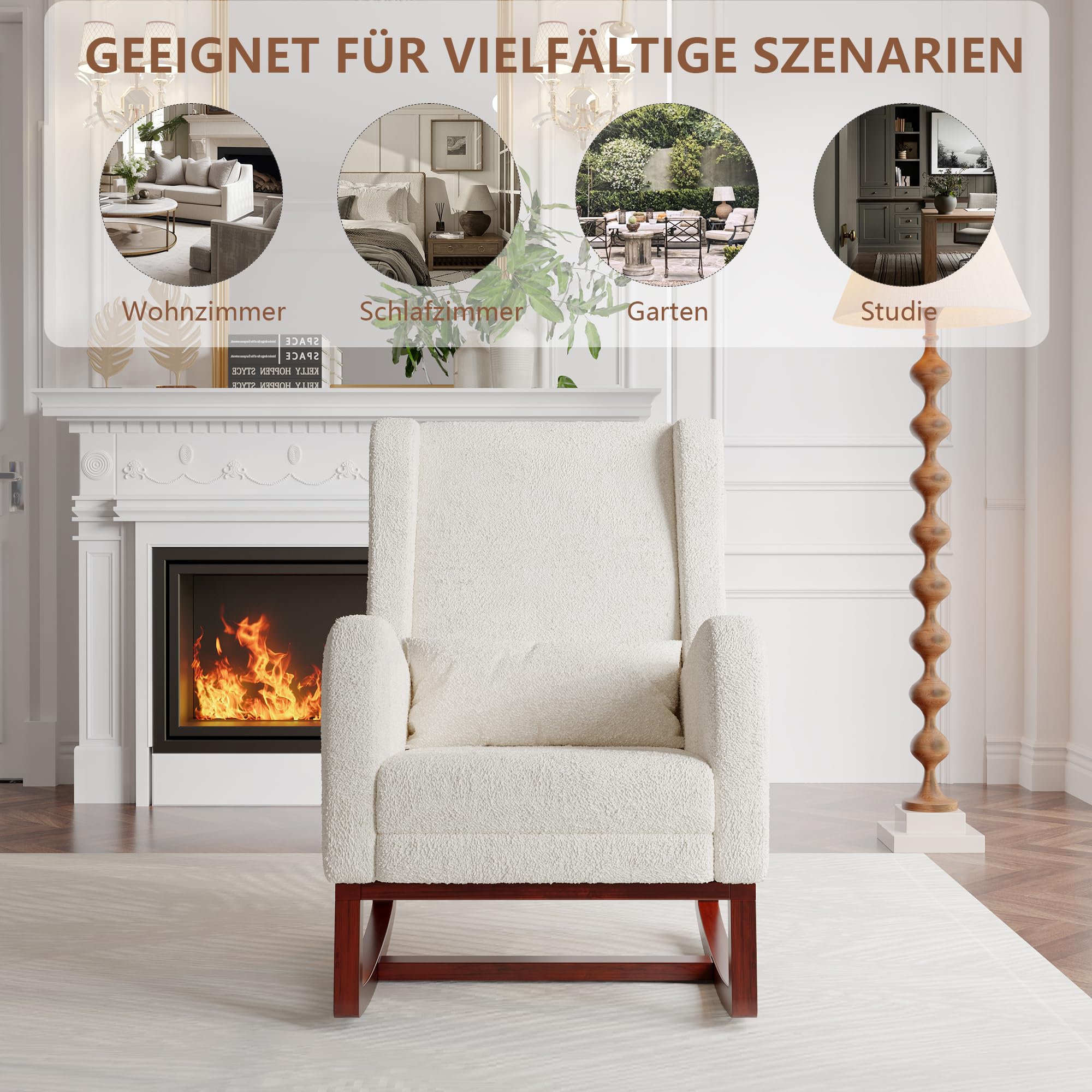 Mecedora, sillón de relax con reposapiés, grueso mecedora, silla de lactancia, silla basculante, asiento acolchado con 2 bolsillos laterales, 1 cojín lumbar, color blanco arroz