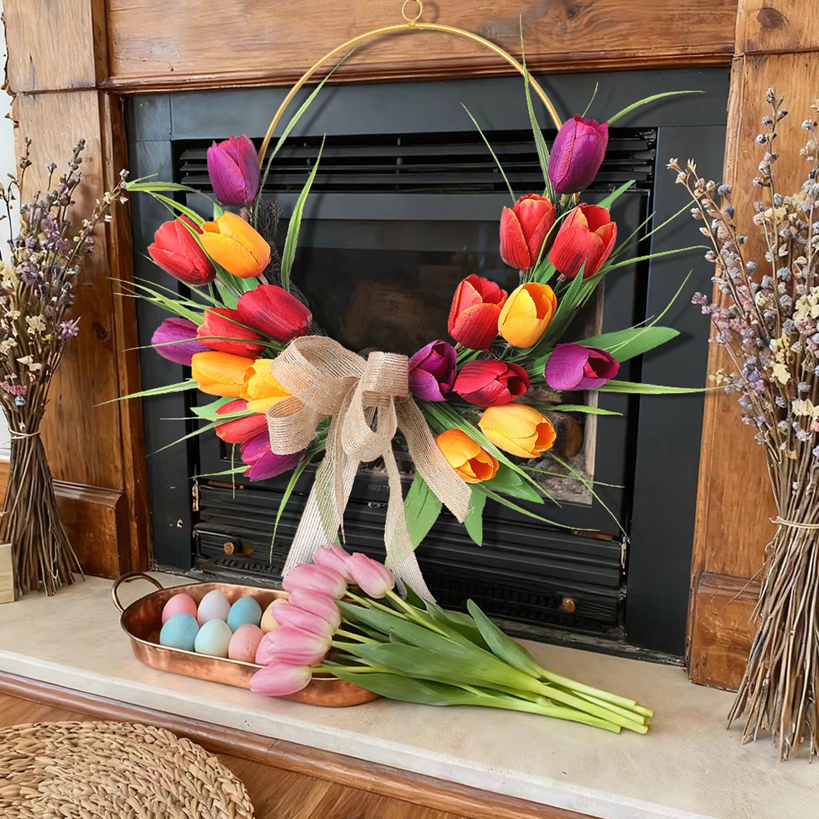 Ghirlanda di tulipani per porta d'ingresso, ghirlanda floreale a tulipani per primavera all'aperto, decorazione per matrimoni, stile bohémien, per Pasqua, vacanze, feste (giallo, 40,6 cm)