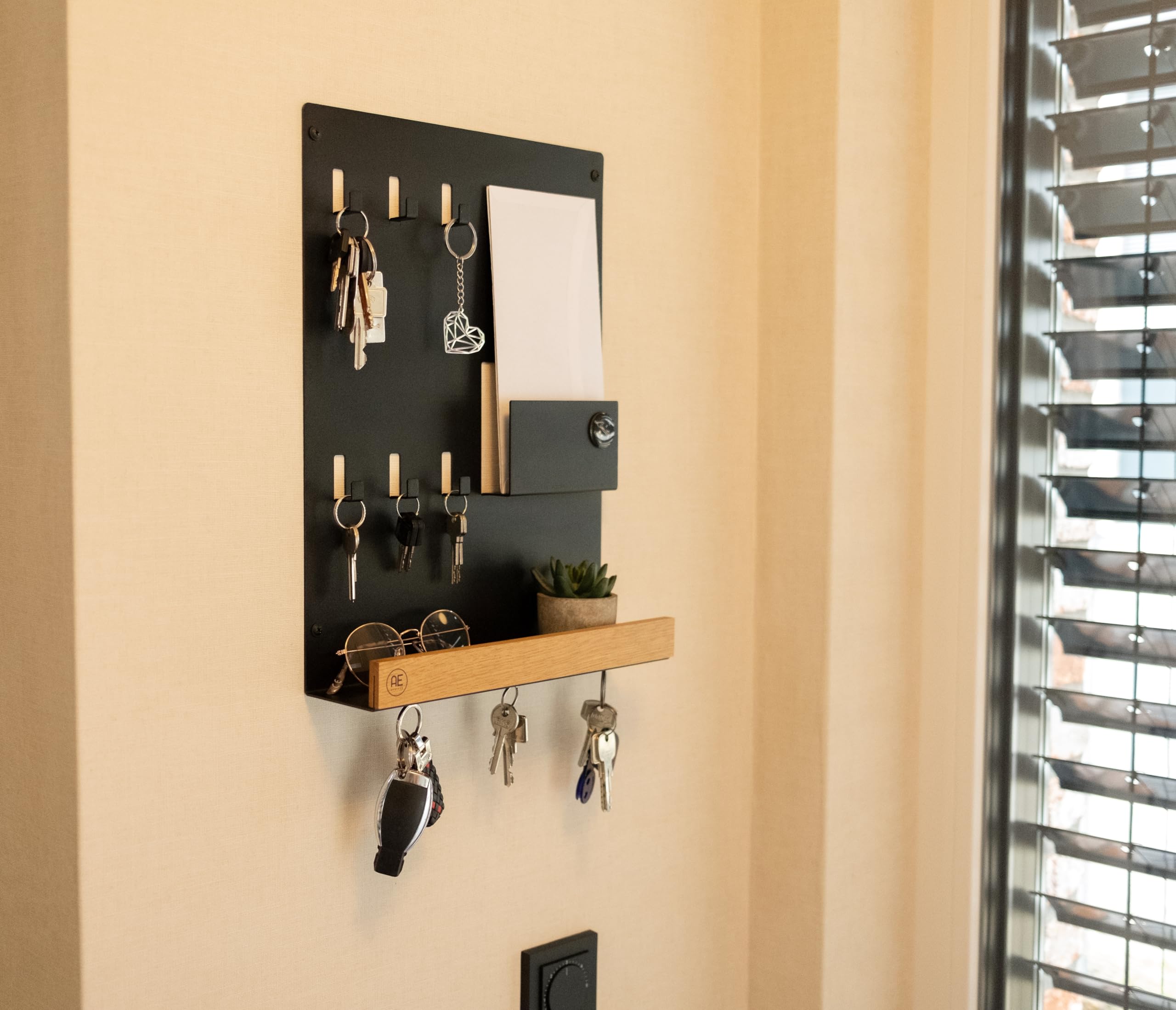 Portachiavi In Legno Di Rovere Con Ripiano, Nero/acciaio, Organizer Da Parete Per Chiavi E Oggetti (bianco)