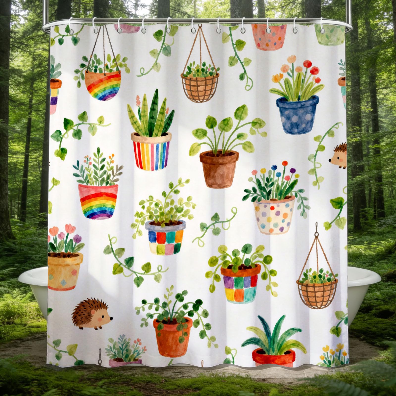 Hongduo 3D Watercolor Potted Plant Shower Curtain for Stalls Bathtubs Hedgehog Bathroom Decor Shower Curtain Set Polyester Fabric Waterproof 120x180cm/48X71 Inch with Hooks