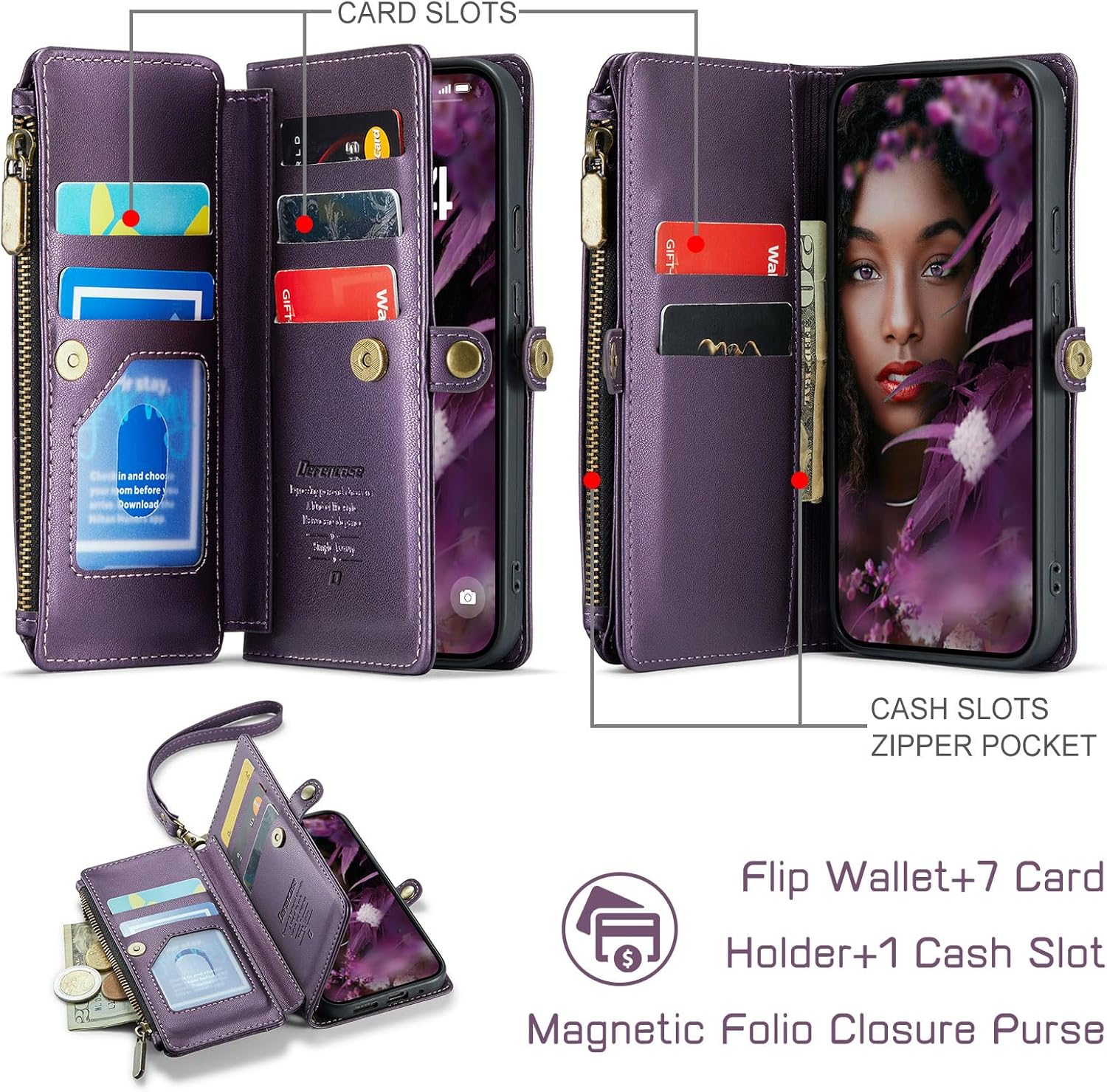 Defencase Compatible with Pixel 9/Pro Case, RFID Blocking Wallet Case Fit for Google Pixel 9 & 9 Pro Soft PU Leather Magnetic Snap Flip Zipper Strap Card Holder Phone Case for Women Men, Purple