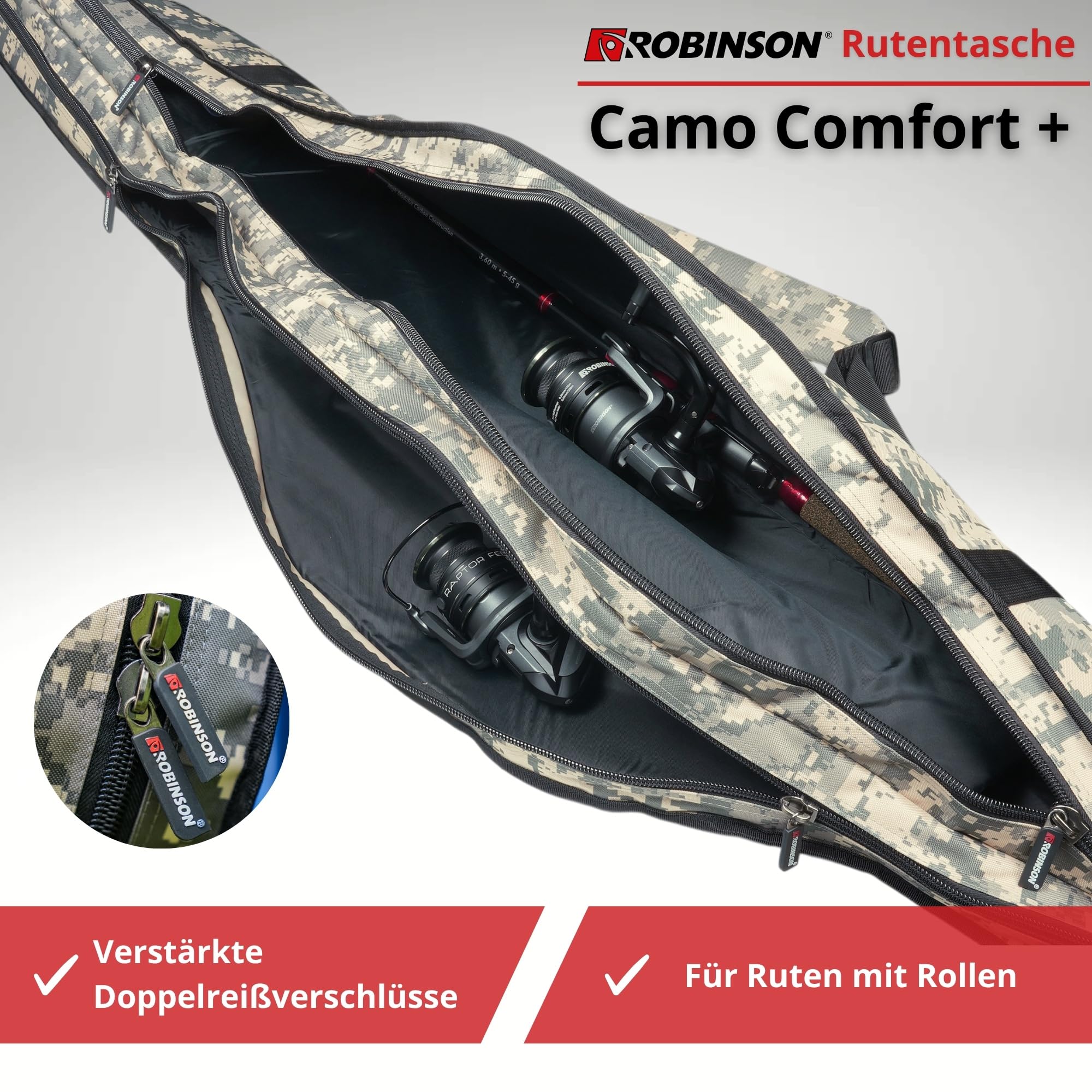 Robinson Rutentasche 1,5m - Angelrutentasche mit Rollenschutz - 2 Fächer verstärkt für Street Fishing und Spinnfischen, professioneller Rutenfutteral - Camo Comfort
