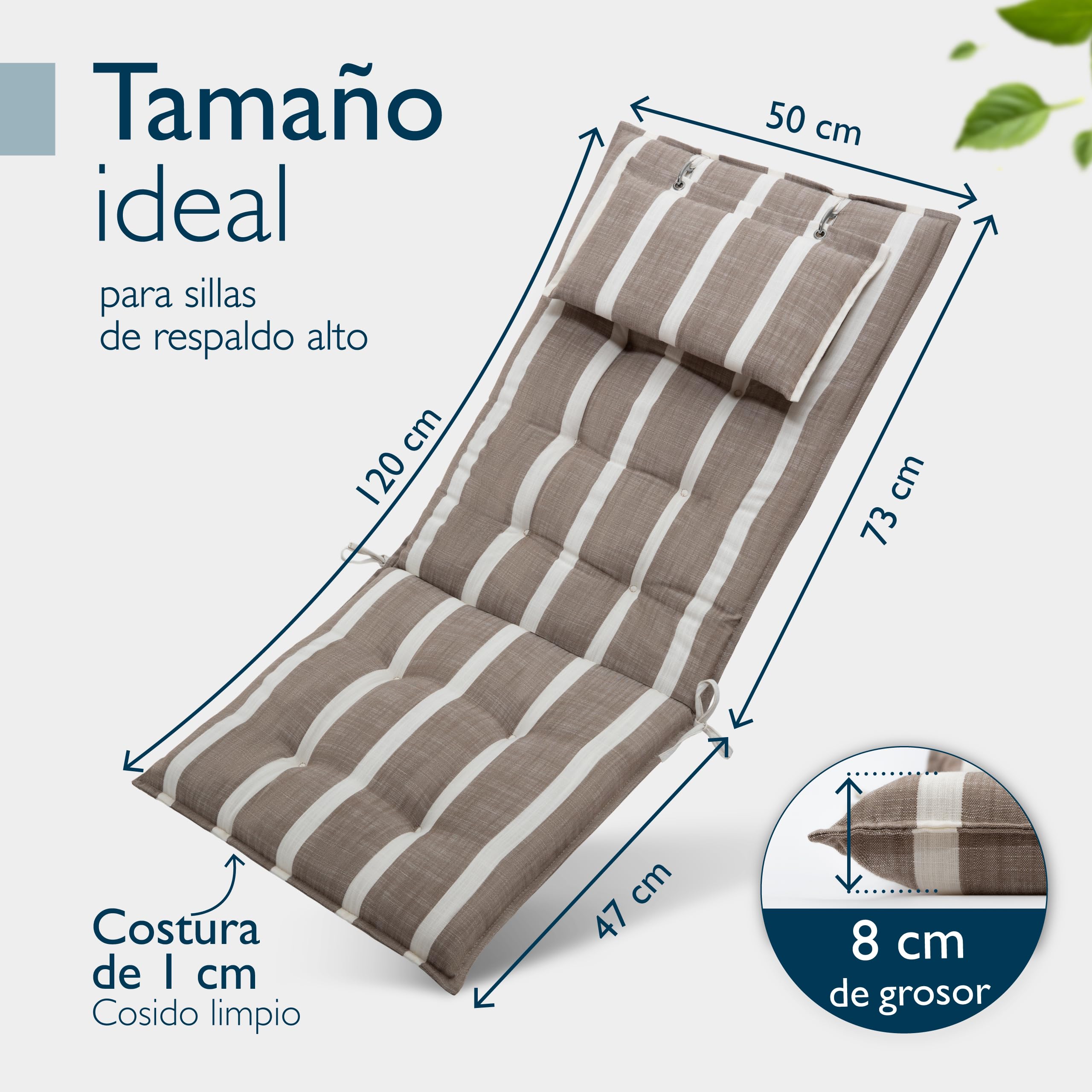 Beautissu Set 2 Premium Cojin Silla Jardín con Respaldo Alto y Almohadilla 120x50cm Sun-HL – Resistencia UV 8cm Grosor Acolchado Cojín Exterior con Respaldo Antideslizante – Rayas Beige Blanco