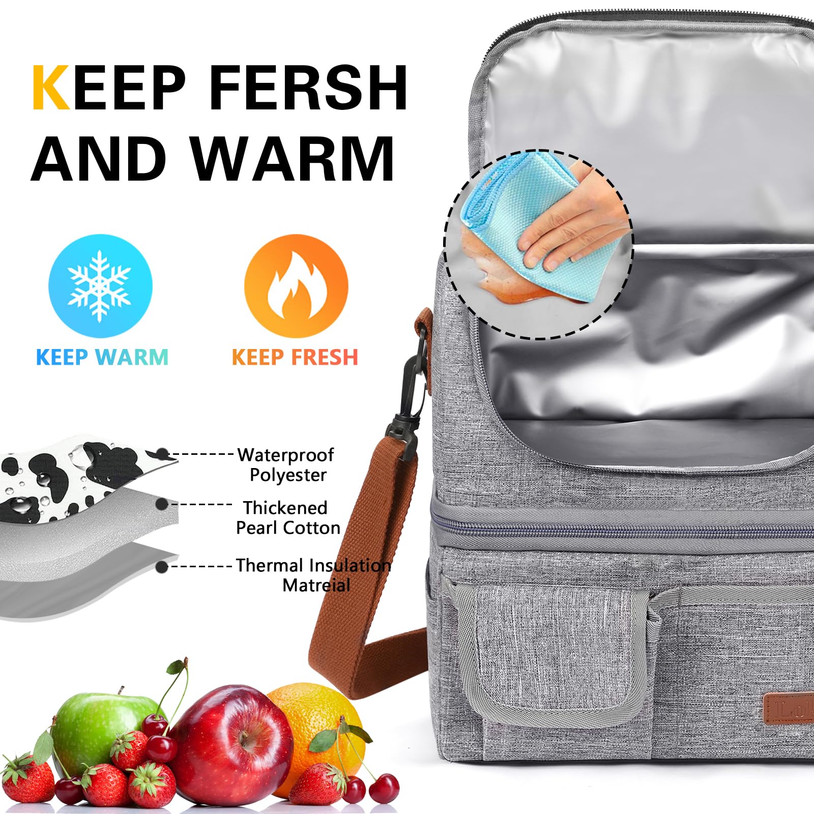 LOKASS Sac à Lunch Sac Repas Isotherme À deux étages Fourre-Tout Lunch Bag Portable Glaciere Grand ouvert Thermique Repas Préparation Sac pour Pique-Nique/Travail/École/Femmes/Homm/Extérieur,Gris