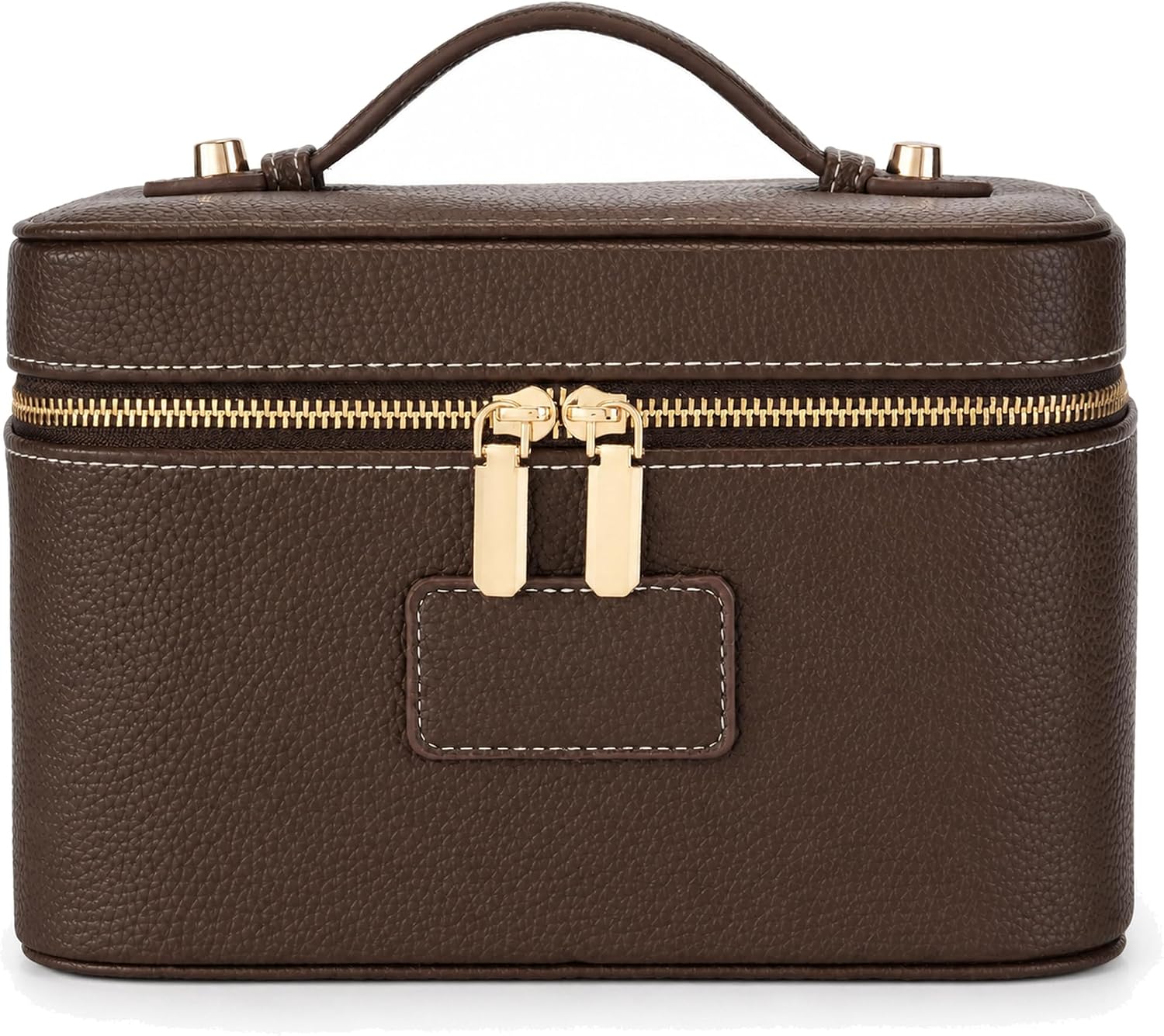 Makeup Bag Travel Toiletry Leather Cosmetic Case, Waterproof Makeup Organizer with Brush Holder, Wipe Clean Removable Divider Vanity Train Bag for Women, Coffe