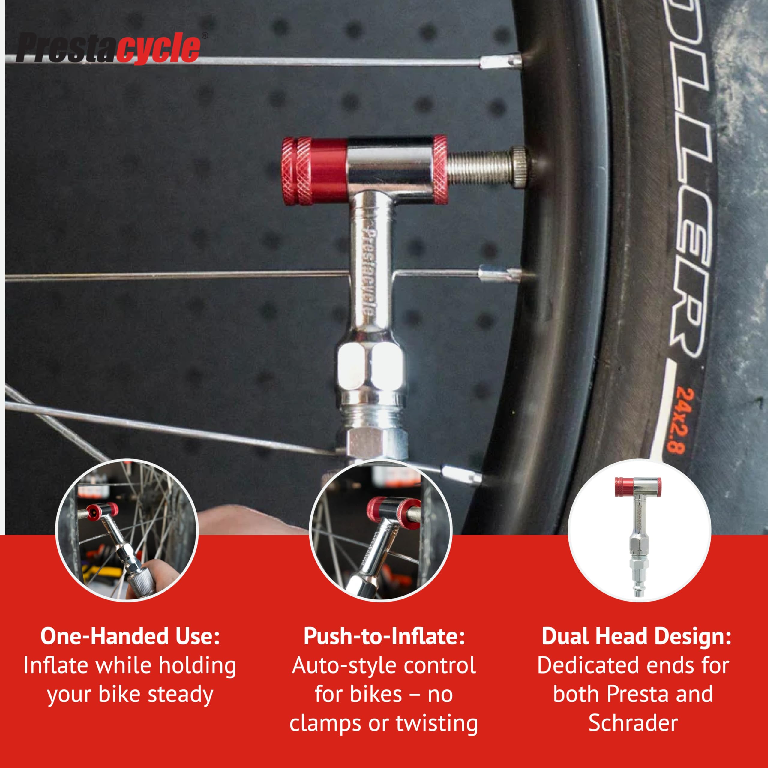 Prestacycle Prestaflator Mini Pro, tête de gonflage de Pneu de vélo, Valve de Pompe à air Presta/Schrader, Outil de gonflage pour Lignes de compresseur d'air, Outils et Entretien de vélo, Mini Outil