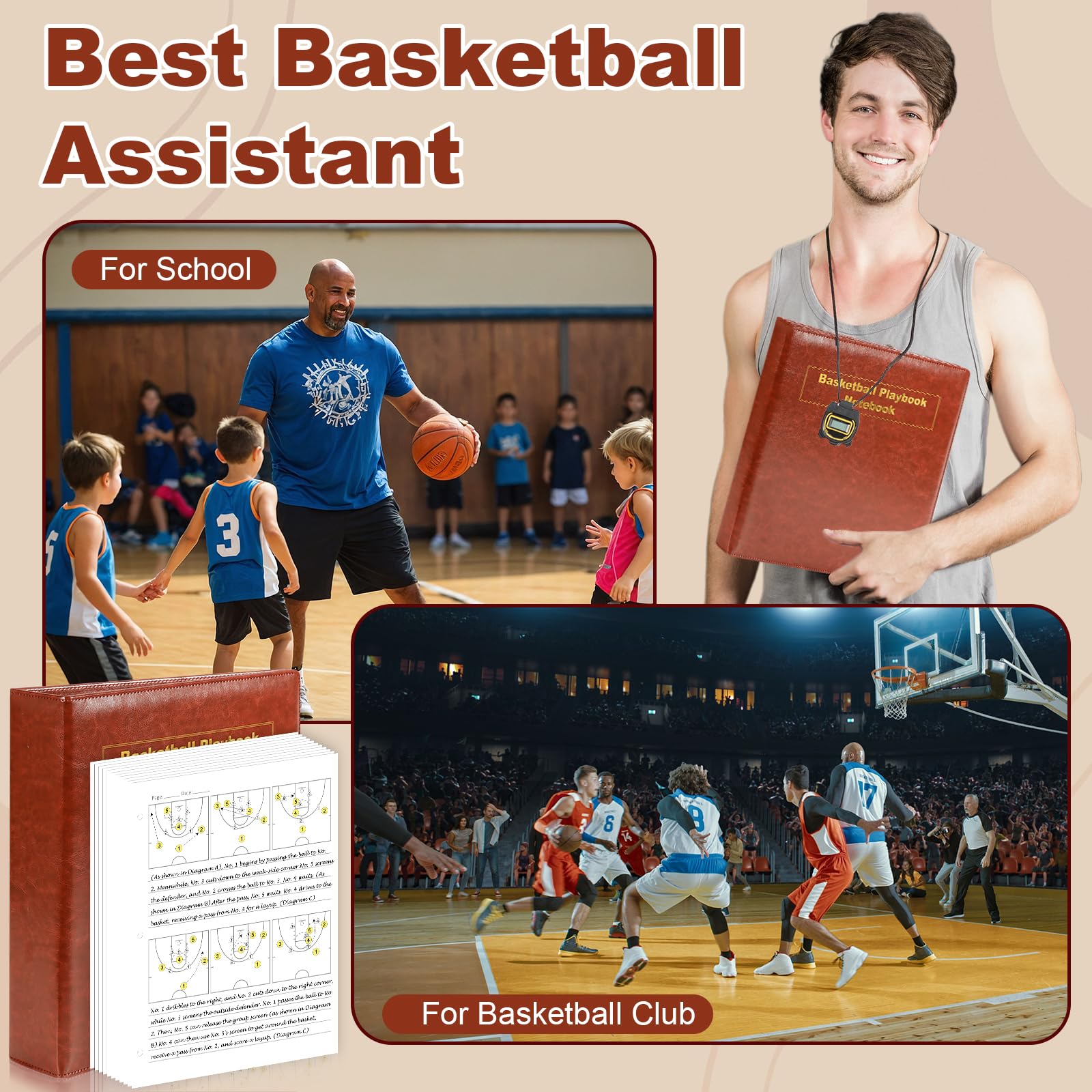 Basketball-Coach-Notizbuch, 63 Seiten, Playbook-Tagebuch, 21,6 x 27,9 cm, Basketball-Trainer-Ordner, Rotbraun, Basketball-Übungsplaner, Bohrer-Zubehör für Spieler, Studenten