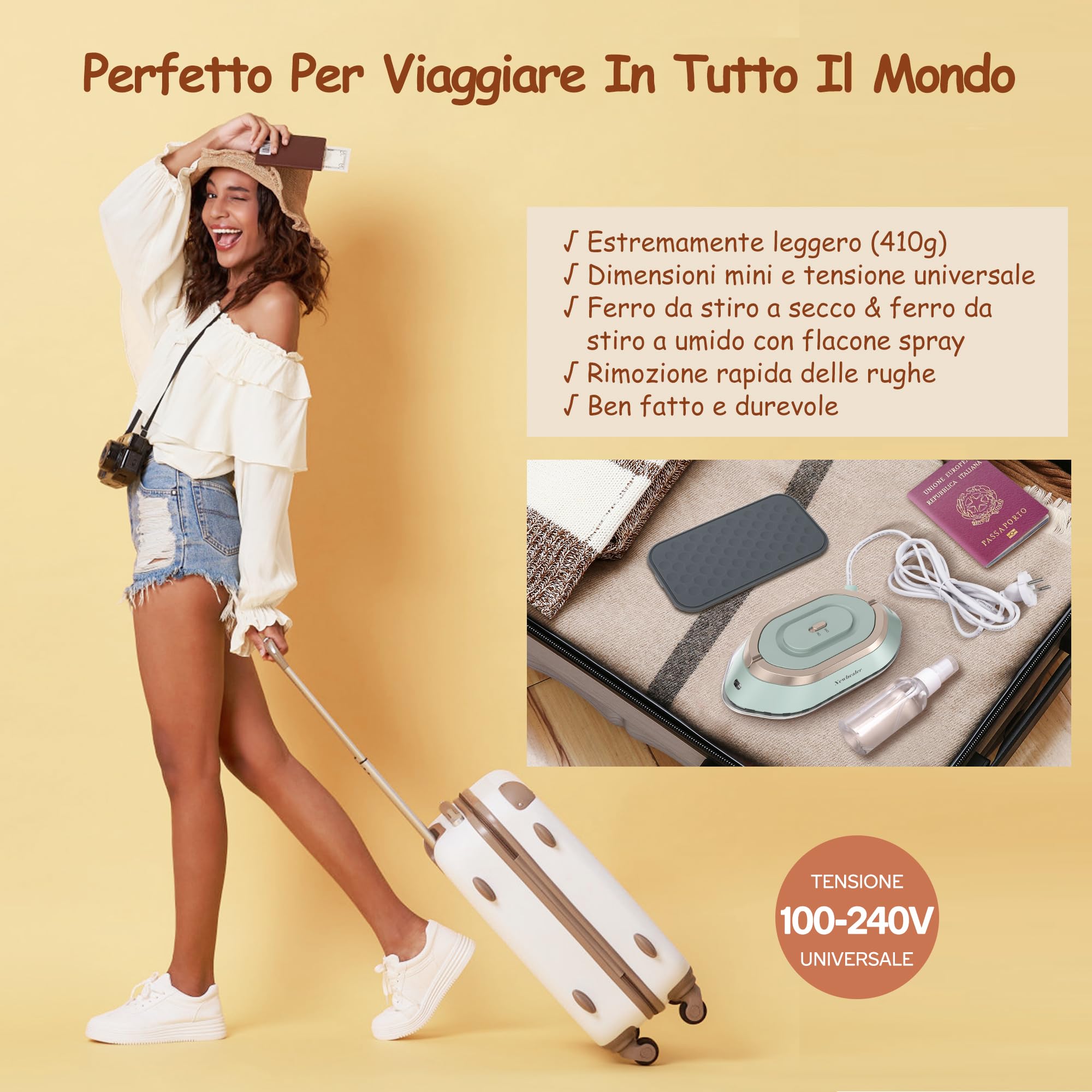 Newbealer Ferro da Stiro da Viaggio, Ferro da Viaggio Mini Portatile Leggera Compatto senza Vapore, Stirare i Vestiti, Tensione Universale 100-240V, Verde
