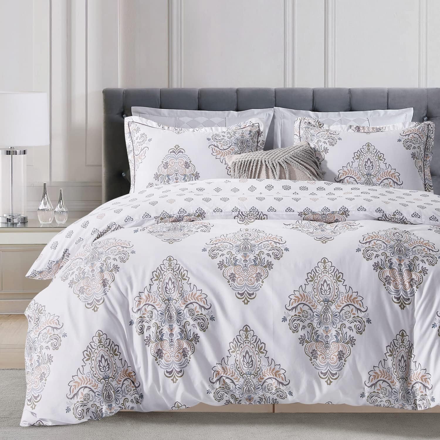 sleepbella comforter twin size, 600 thread count cotton yellow & blue damask with taupe brown reversible pattern white comforter sets,down alternative bedding set 2pcs (twin, white damask) twin white damask