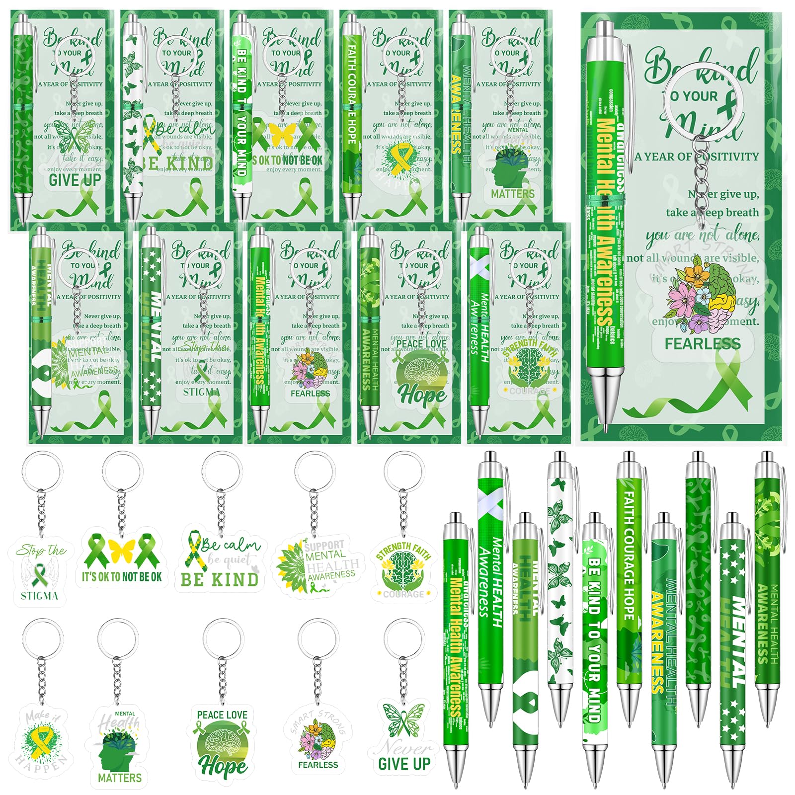 30 Pcs Mental Health Awareness Ballpoint Pen Green Ribbon Inspirational Keychain with Motivational Cards Bags Cancer for Public Charity Events Favor Fundraising Dinners Benefit Walk Classroom