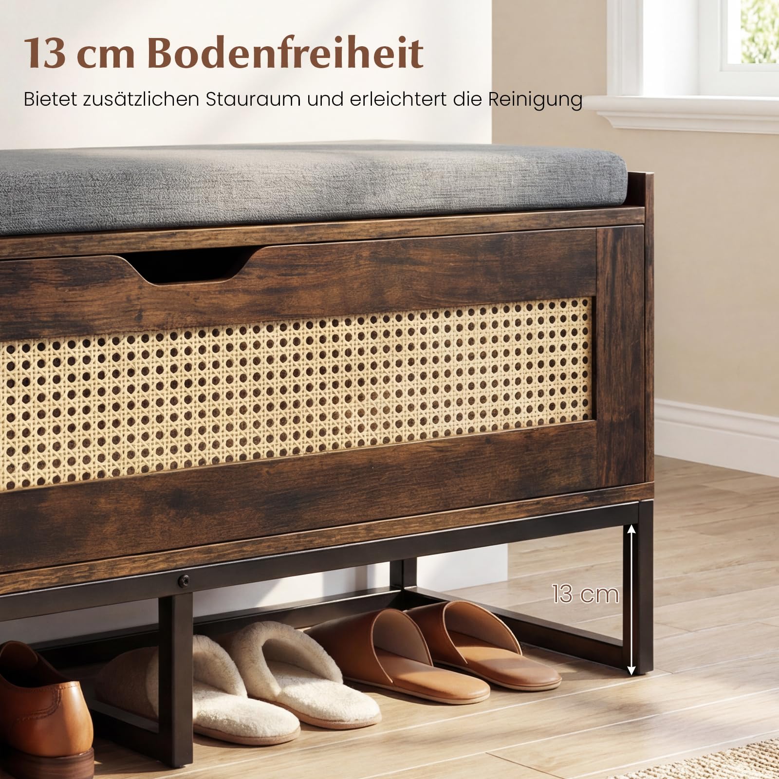 COSTWAY Schuhbank mit gepolsterter Sitzfläche, Rattan Schuhschrank mit Klappdeckel & Sicherheitsbeschlägen, Sitzbank bis zu 200 kg belastbar für Schlafzimmer & Flur, 100 x 35 x 44 cm (Braun)
