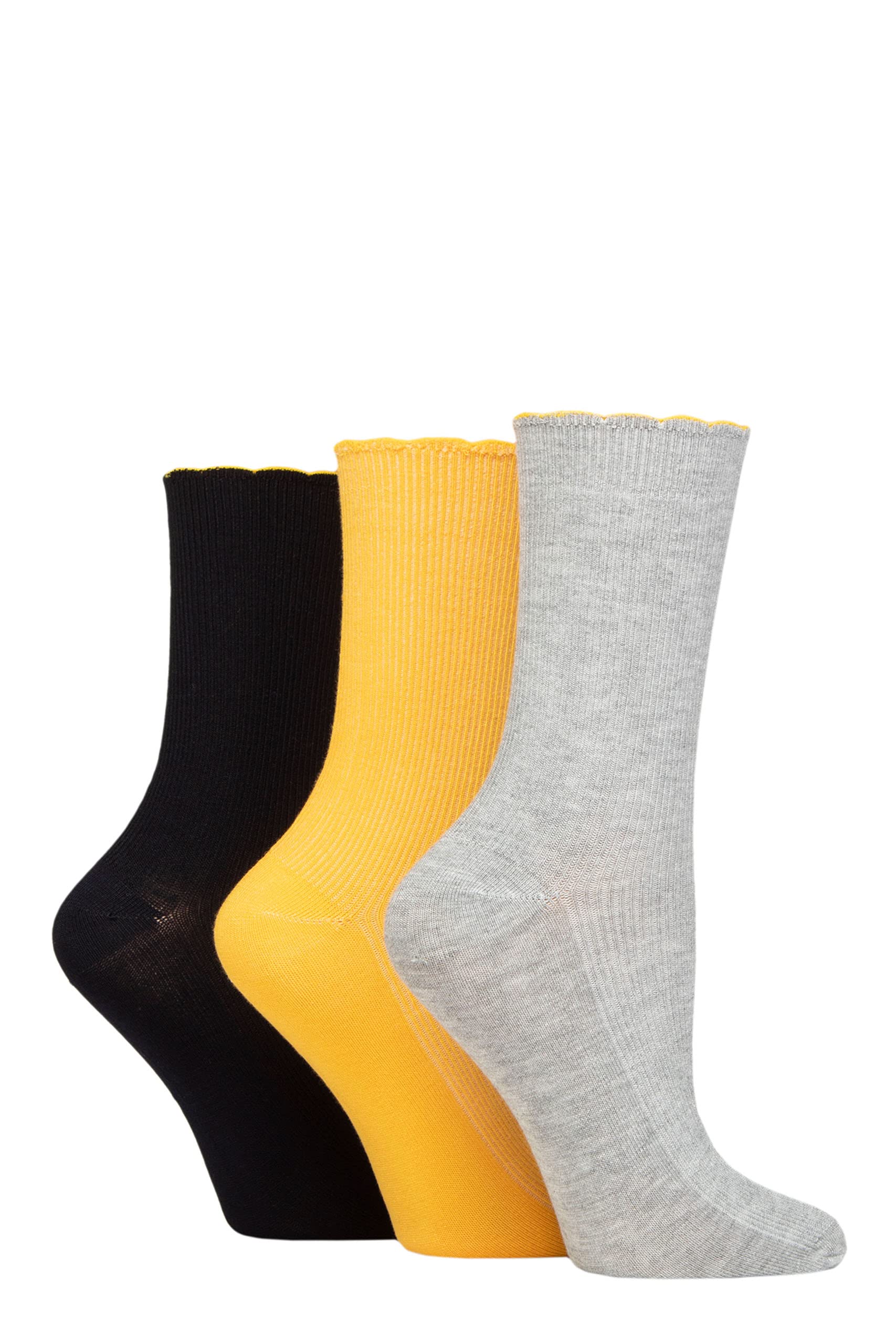 Elle Women's Silver / Navy / Mustard Ribbed Bamboo Socks With Scallop Top Pack Of 3 Silver/Navy/Mustard 4-8