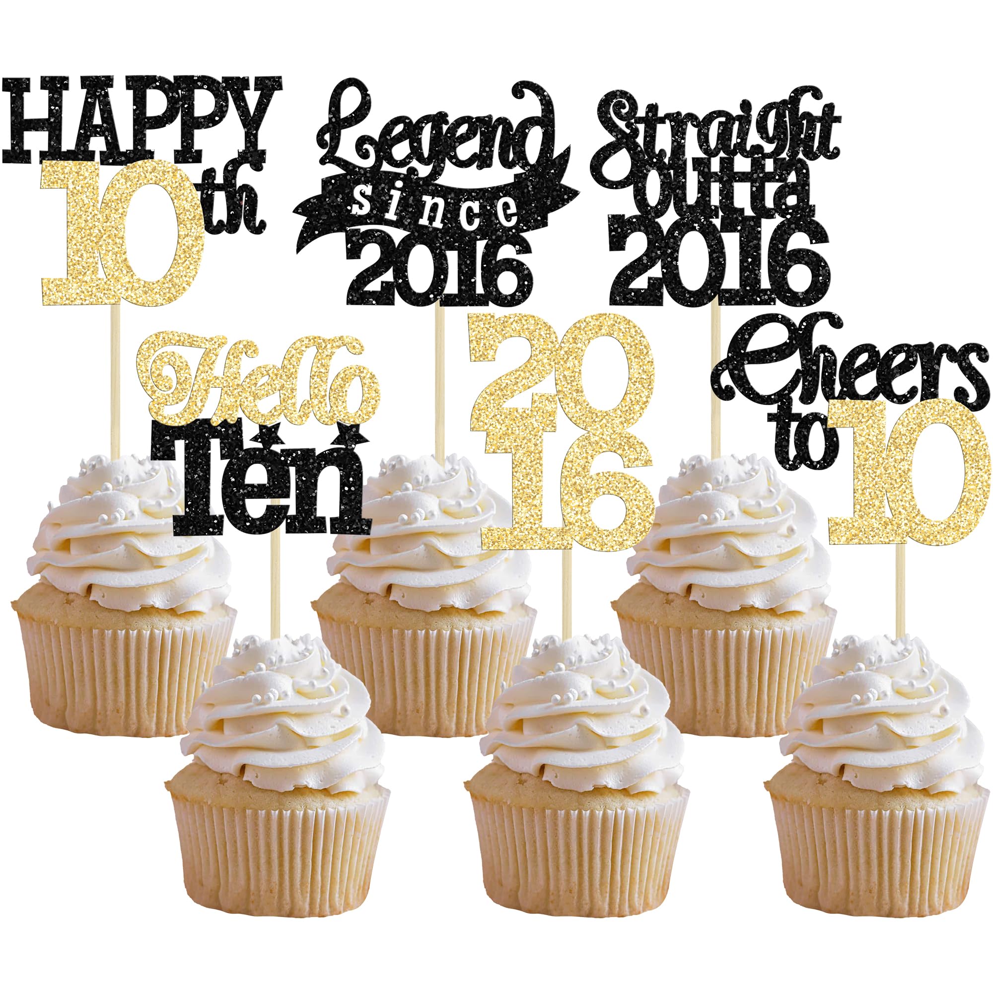 Gyufise 24Pcs Happy 10th Birthday Cupcake Toppers Hello Ten Legend Since 2016 Cupcake Picks Cheers to 10 Years Cake Decorations for 10th Birthday Anniversary Party Decorations Supplies Black Gold