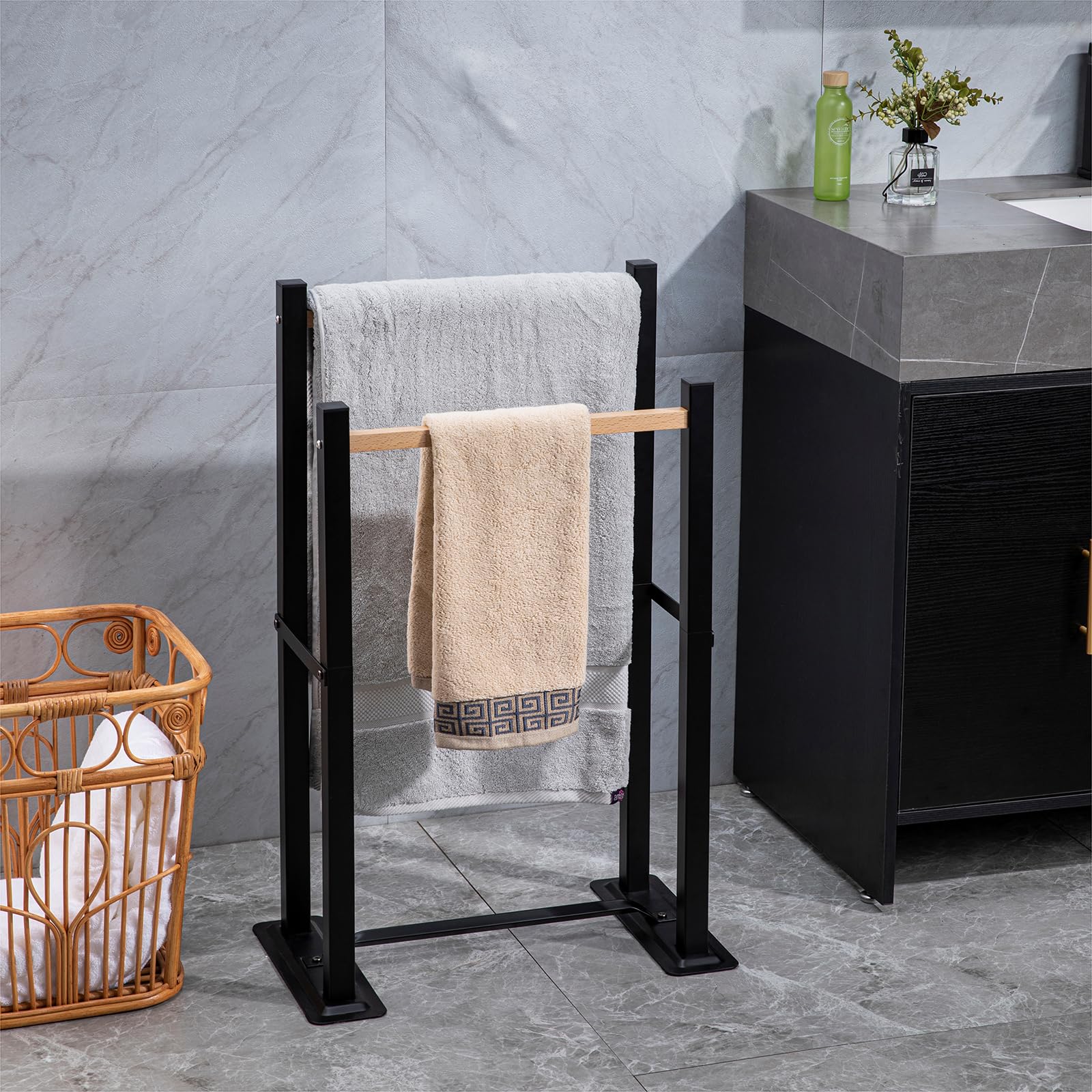 ZCDCP Towel Rack Freestanding Black 2 Tier Free Standing Towel Rack for ...