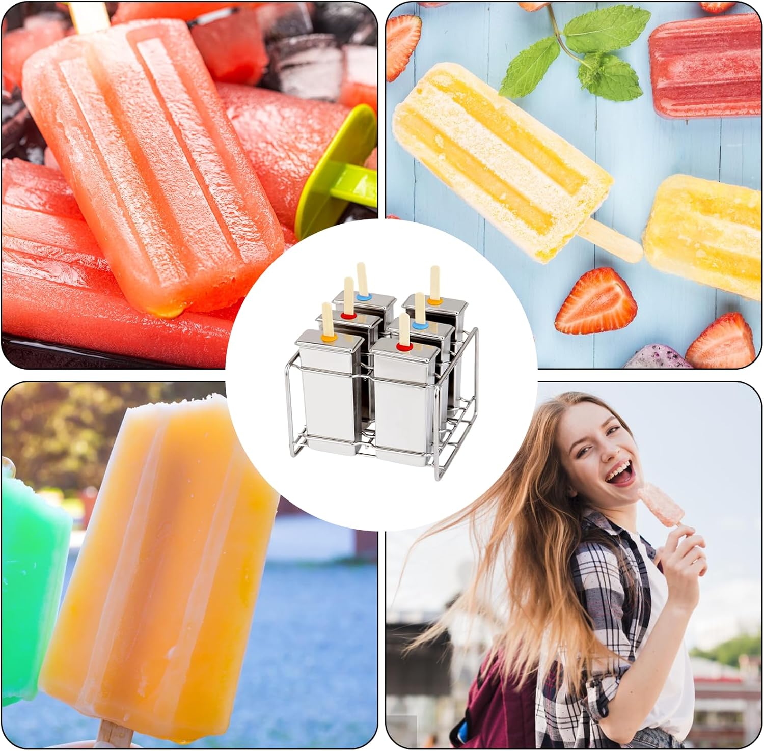 Stainless Steel Popsicle Molds, Set of 6 Ice Cream Maker, Ice Pop Molds With Holder, Metal Reusable Homemade Popsicle Molds with 50pcs Sticks (silver 3)