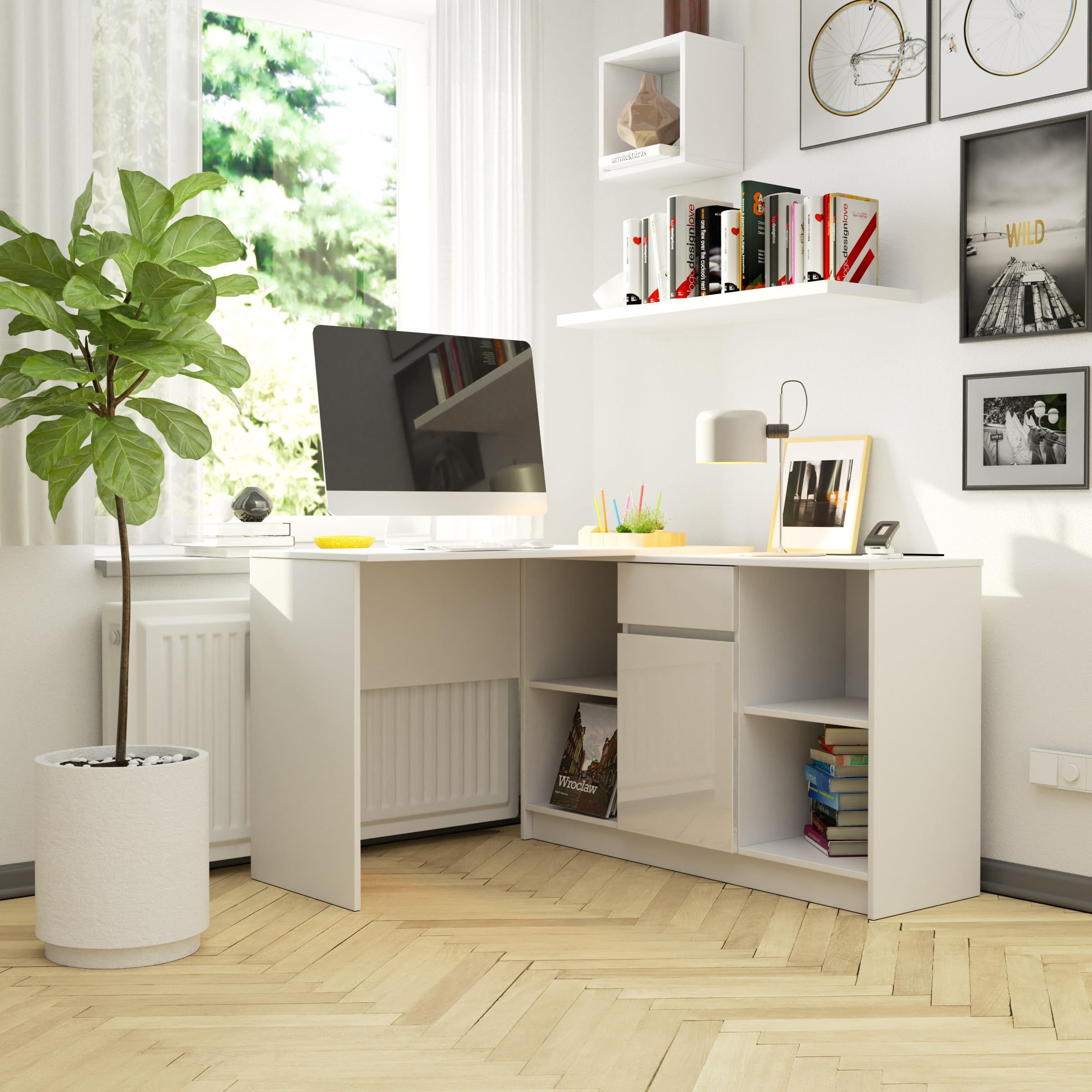 BDW Set scrivania e Cassettiera 2 in 1 - Scrivania Angolare - Scrivania Angolare - Tavolo Angolare da Gioco - Scrivania da Ufficio - Scrivania Home Office - 120x79x129cm - Bianco Lucido