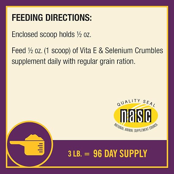 Horse Health Vita E & Selenium Crumbles Vitamin Supplement, Supports Optimal Muscle Health & Antioxidant Support, Selenium and Vitamin E Supplements for Horses, 3 lb, 96 Day Supply