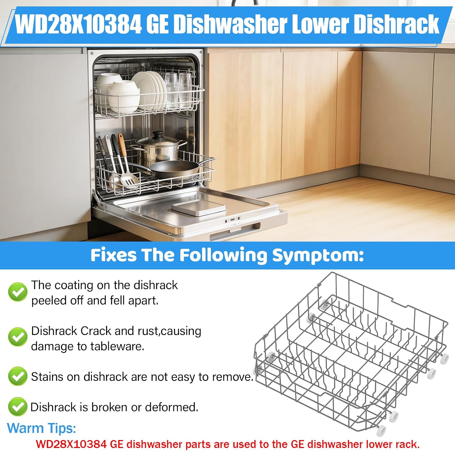 UPGRADED WD28X10384 Lower Rack Compatible with GE Dishwasher Rack Parts,WD28X10384 WD28X10165 WD28X10309 WD28X10166 GLD4560V00SS GLD4500N10BB GE Dishwasher Bottom Rack Replacement Parts with Wheels