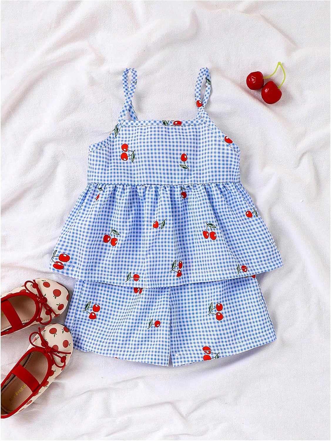 WDIRARA Toddler Girl's 2 Piece Plaid Cherry Outfits Camisole Cute Shorts Set - Image 6