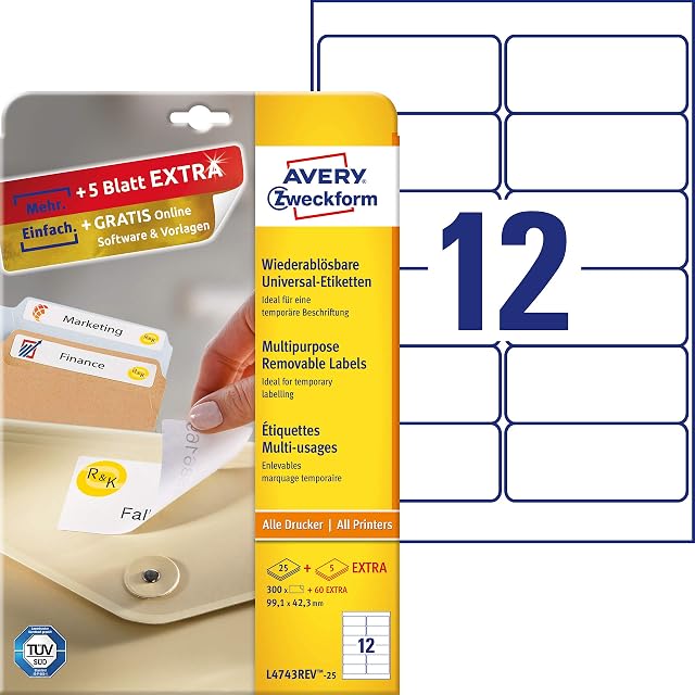 Avery L4743REV-25 Self-Adhesive Removable Labels, 12 Labels Per A4 Sheet, white,99,1 x 42,3 mm