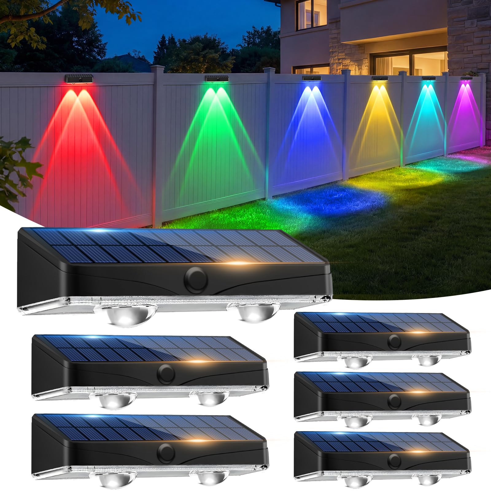 Kolpop Solar Fence Lights Outdoor, 6 Pack Solar Lights Outdoor Garden, 9 Colors 11 Modes RGB Fence Lights Solar Powered, Waterproof Wall Lights for Patio, Yard, Gate, Step, Pool Decoration