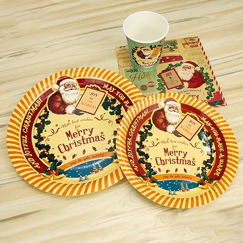 Vista 12 de Juego de 175 piezas desechables para fiestas de Navidad, vajilla de fiesta de feliz Navidad, platos de papel y servilletas para 25 invitados