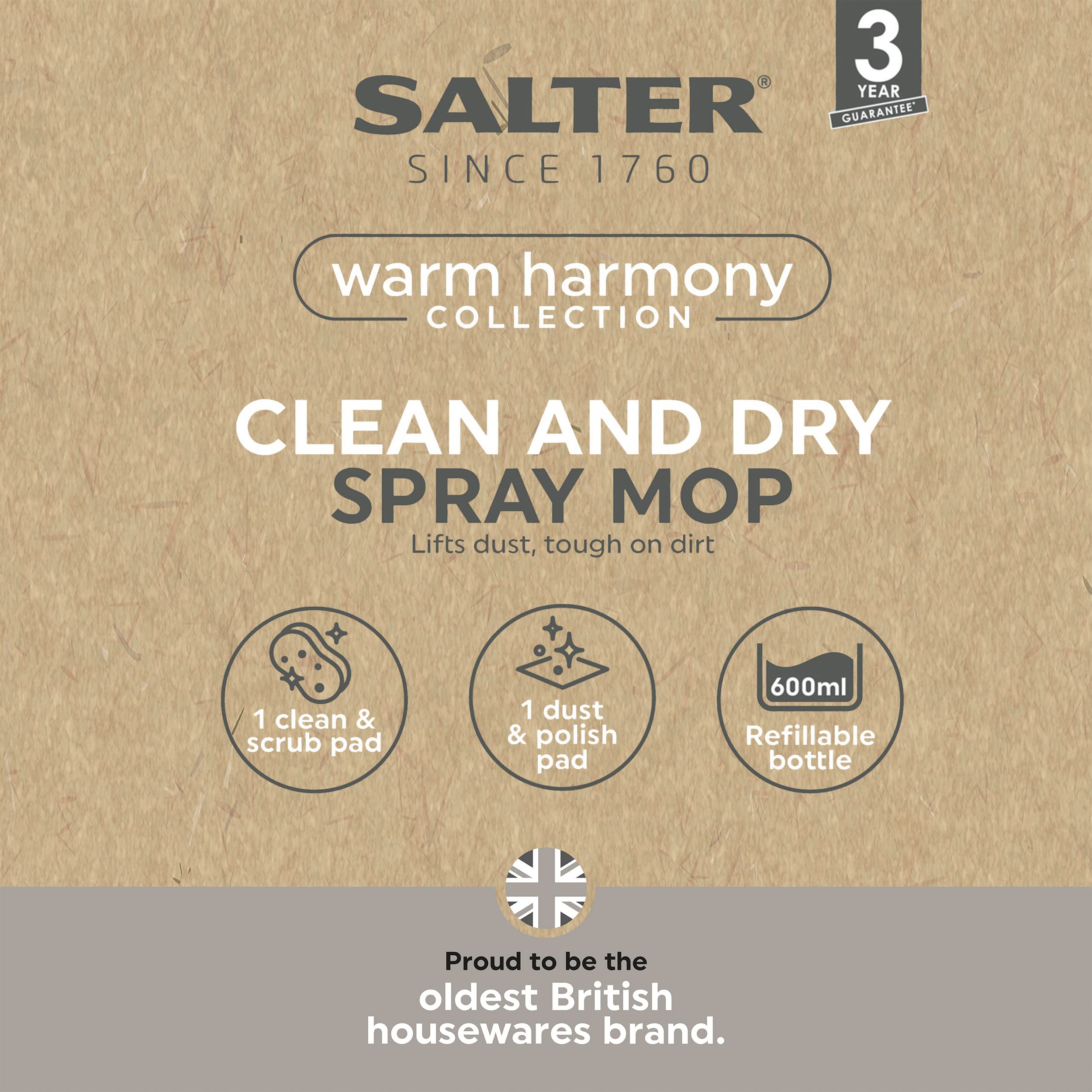 Salter COMBO-8797 - Mopa pulverizadora - Incluye Almohadilla de Limpieza y Pulido, Ideal para Suelos laminados, de Madera y baldosas, Tanque de Agua de 600 ml, con 4 Cabezales de Repuesto