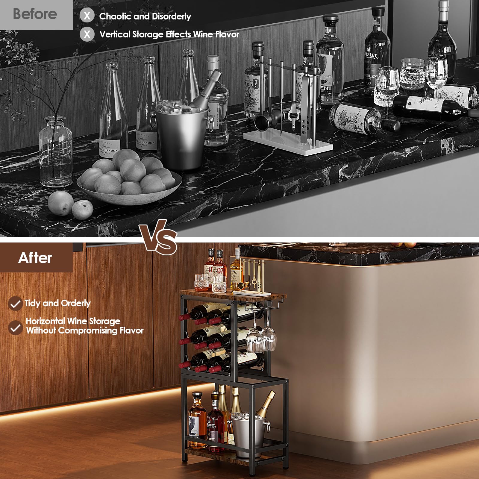 Nuovoware Botellero de Vino Pie, Botellero Vino 3 Niveles con Soporte para Copas, Versátil Soporte Licor para Bar en Casa, Mini Mesa Bar Esquina, Licor, Whisky, Marrón+Negro