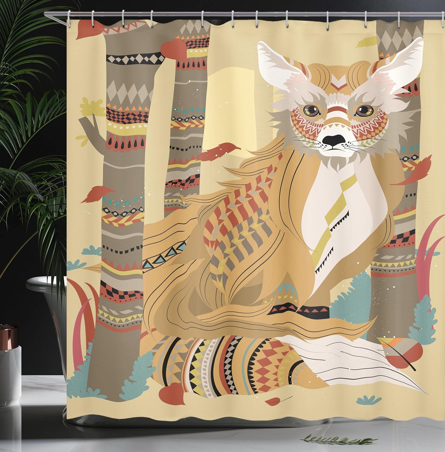 Ambesonne Fox Shower Curtain, Animal Theme a Fluffy Wild Fox in The Forest and Tree Trunks Design Pattern Print, Cloth Fabric Bathroom Decor Set with Hooks, 69" W x 70" L, Pale Coffee