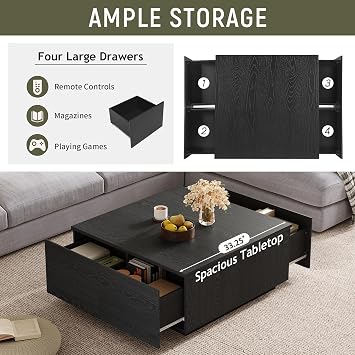 33.25 Square Coffee Table with 4 Drawers, Black