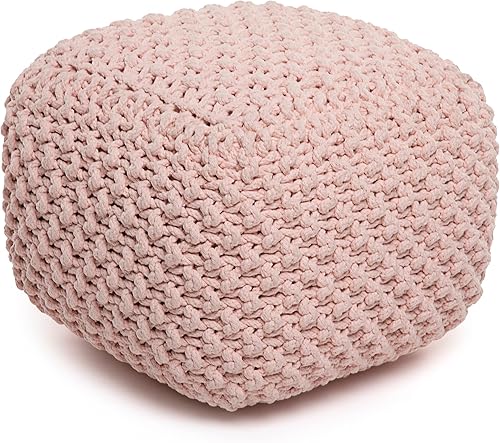 BIRDROCK HOME Puf cuadrado otomano  Rosa polvorienta  Puf de punto  Cuerda trenzada de algodón  Ideal para la sala de estar, dormitorio y habitación