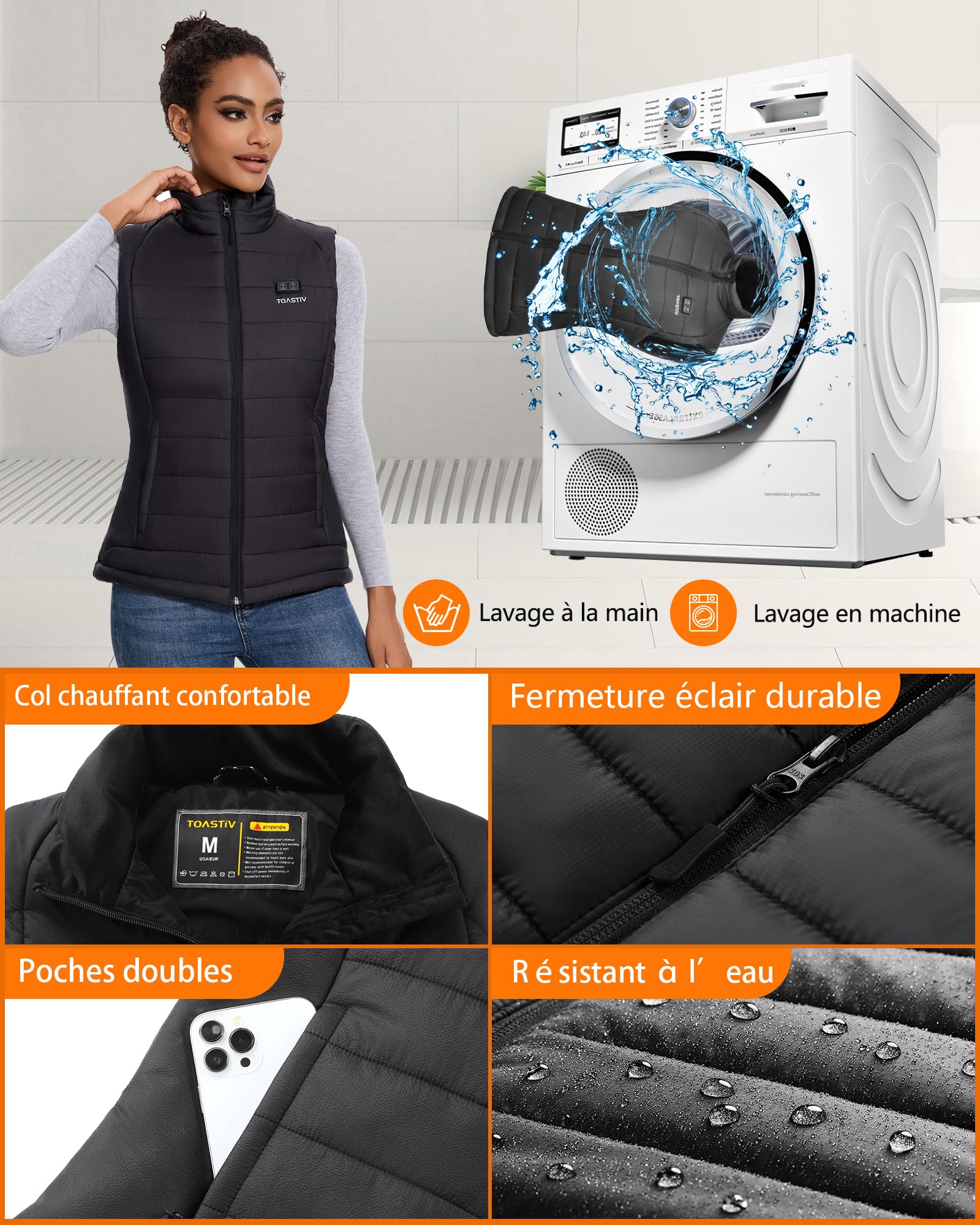 Gilet Chauffant Femme 16000mAh 7.4V 8 Zones de Chauffage 3 Niveaux de Température Réglables Lavable Plein Air