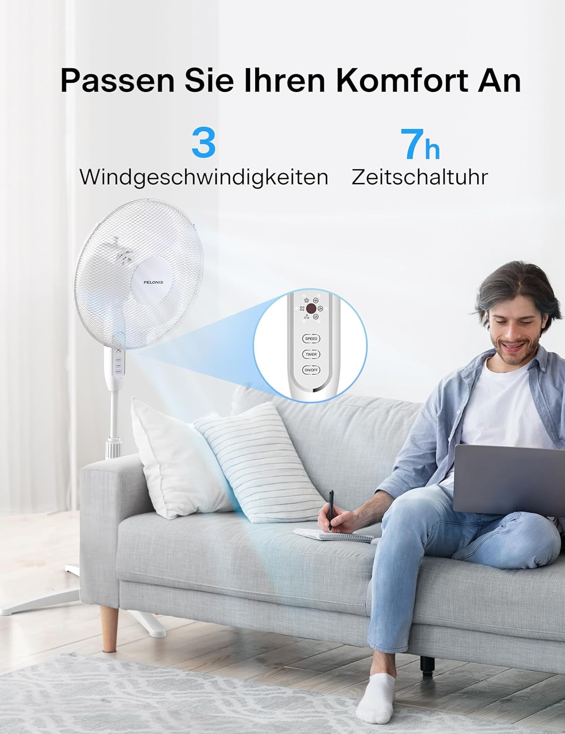 Person using the PELONIS fan with remote control while relaxing on a couch.