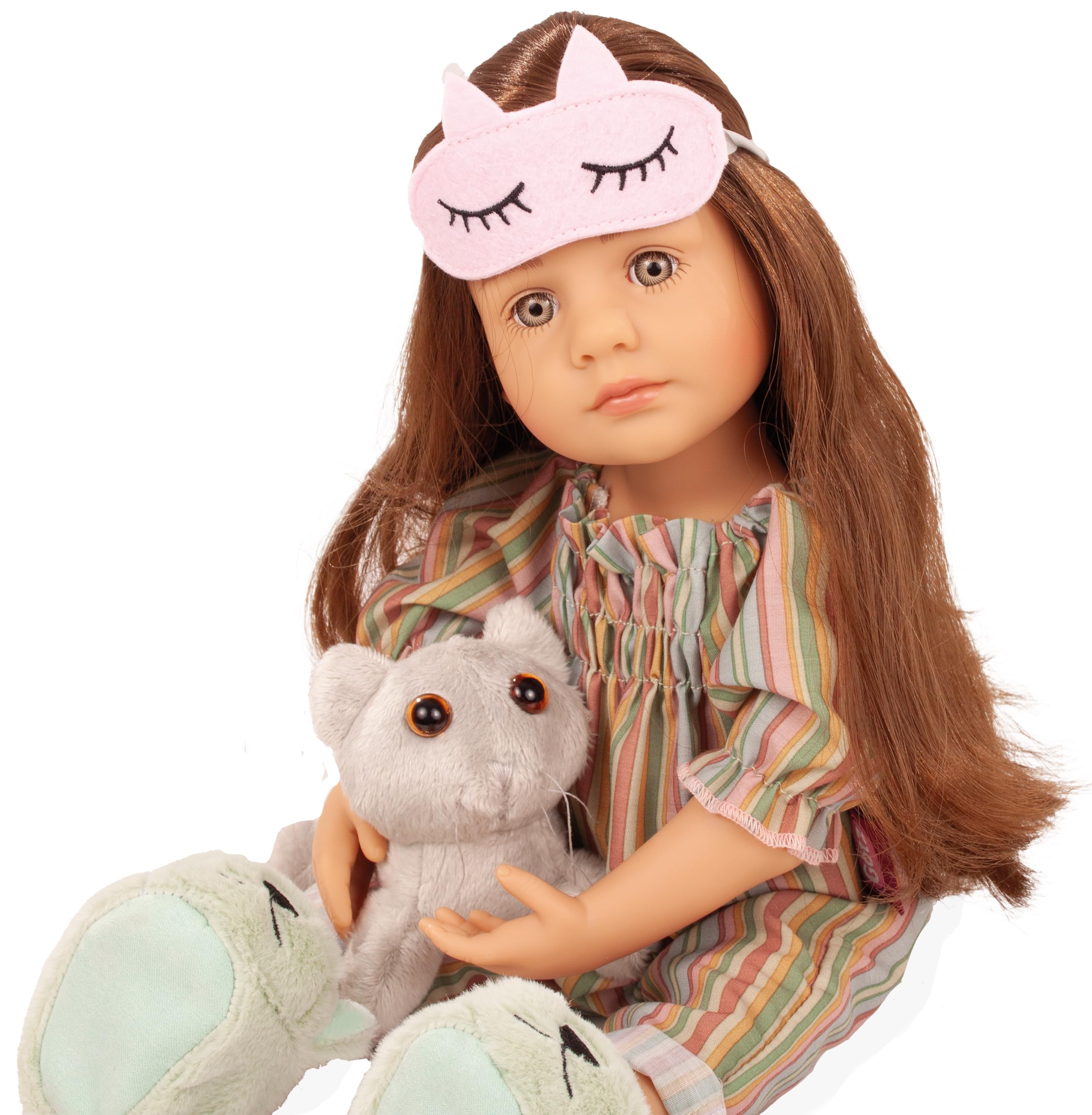 Götz Little Kidz Grete PJ Party 2511042 Stehende Puppe 36 cm mit braunen Haaren und grauen Augen, 8 Stück