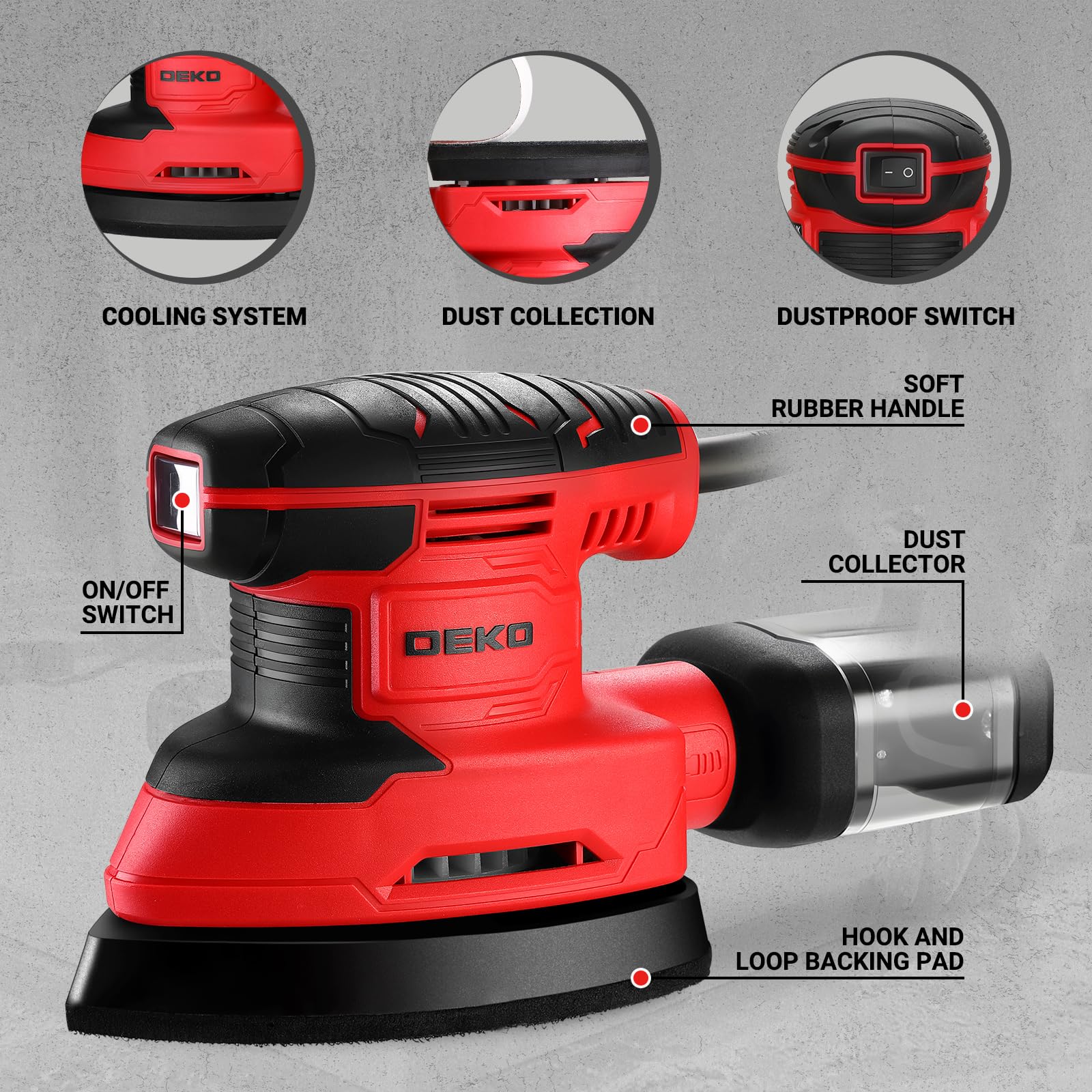 DEKOPRO Lijadora Electrica de 180W, Herramienta de Lijadora Orbital, 13000 RPM, con 15 Hojas de Papel de Lija - Lijado y Pulido de la Eliminación de la Madera, Rojo