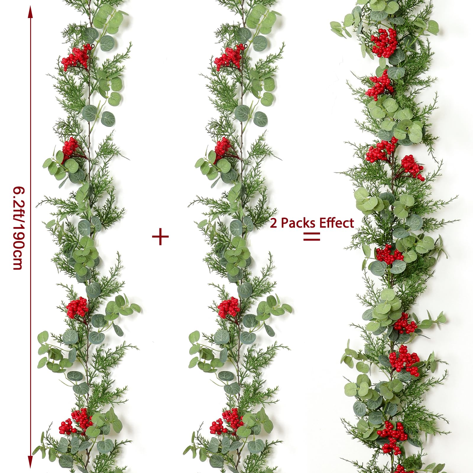 Guirlande de cèdre d'eucalyptus artificiel de 1,8 m avec baies rouges, faux cyprès de verdure pour cheminée, table, décoration de Noël d'hiver