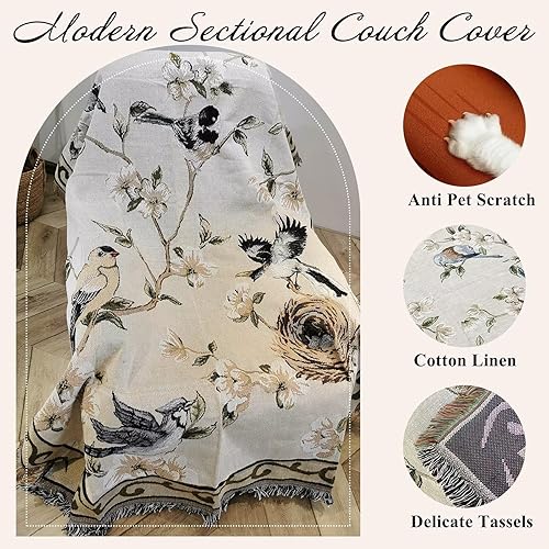 Miniatura 2 de VClife Fundas de sofá con estampado beige de poliéster y jacquard, estilo vintage, diseño floral de pájaros, funda de sofá para perros y gatos,