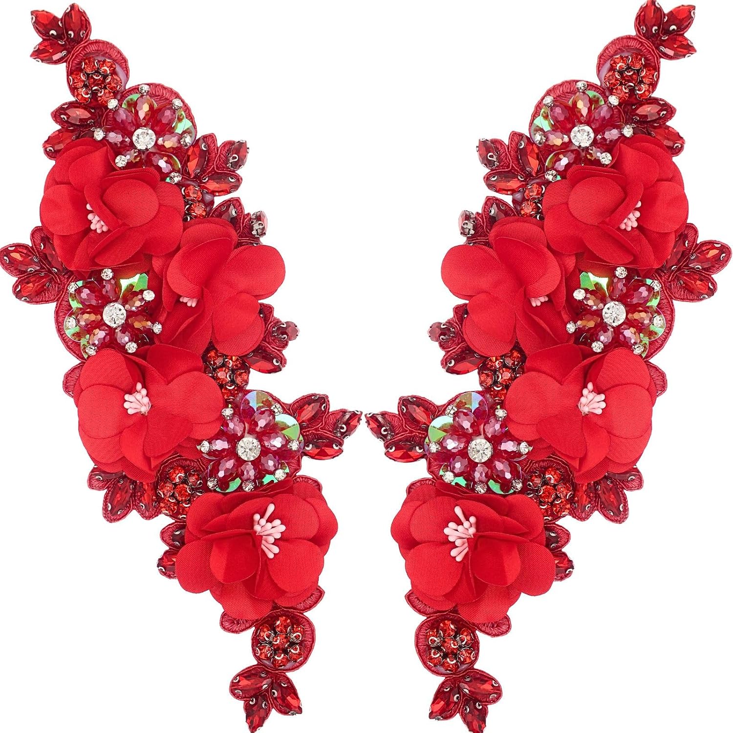 Bijou Joon 1 Pair Red Rhinestone Applique Lace Appliques Embellishments 3D Floral Rhinestone Patches Embroidery Fabric Crystal Sequin Beaded Trim DIY for Ornament Dress Wedding Prom Bridal
