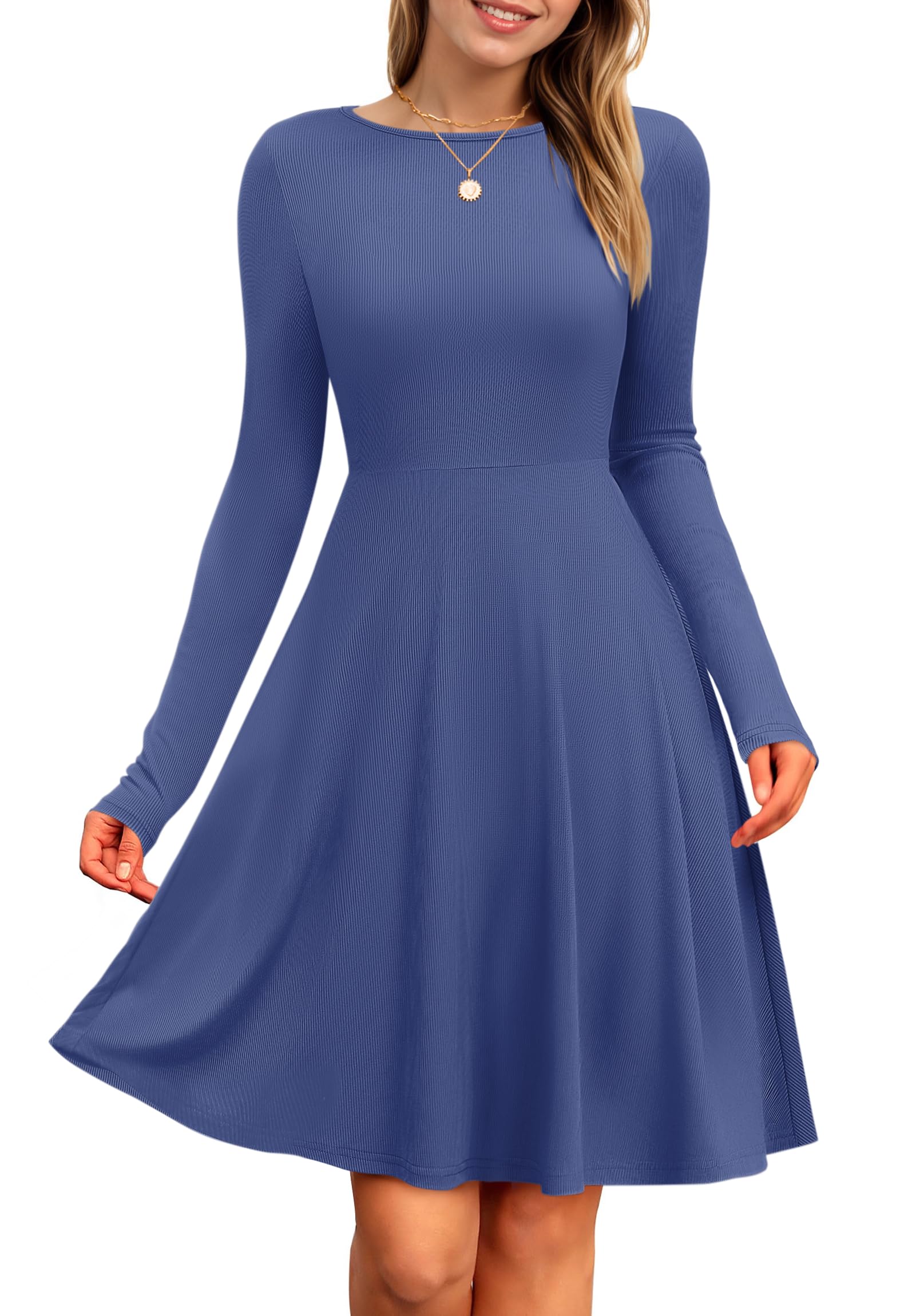PLOKNRD Damen Strickkleid Herbst Langarm Kleider Elegant A-Linie Rundhalsausschnitt Freizeitkleid Winterkleid