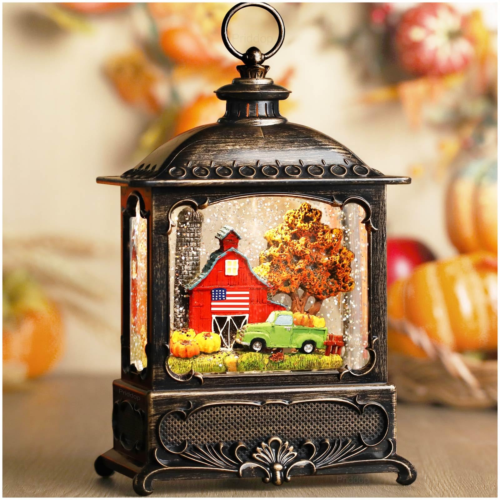 Priddop Fall Snow Globe Lantern Fall Decorations for Home Thanksgiving Gifts Autumn Harvest Fall Decor Swirling Glitter Snow Globes Barn Truck Pumpkin Farm
