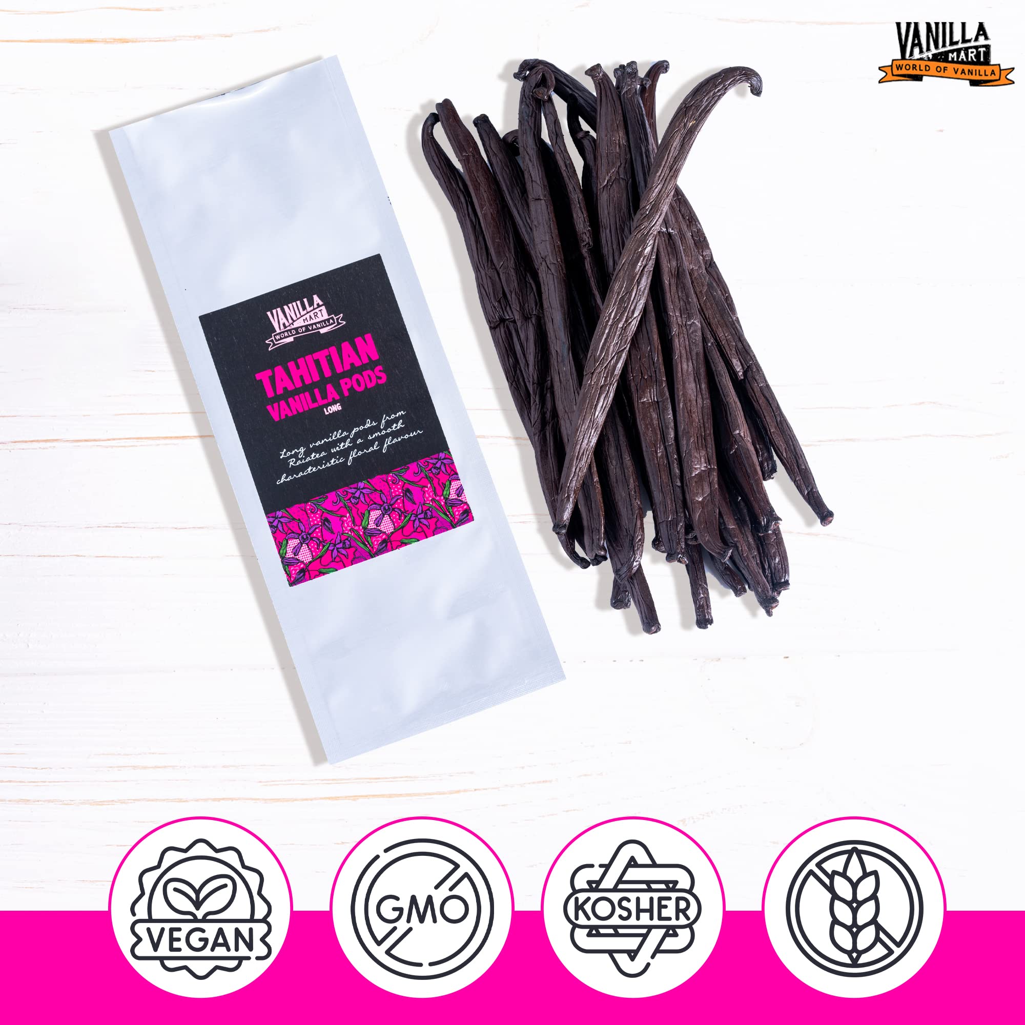 Vanilla Mart - Baccelli di vaniglia di Tahiti - Confezione da 5 baccelli di vaniglia - Baccelli di vaniglia di grado A - Vaniglia di Tahiti Premium - Baccelli di vaniglia e fagioli di tutto il mondo