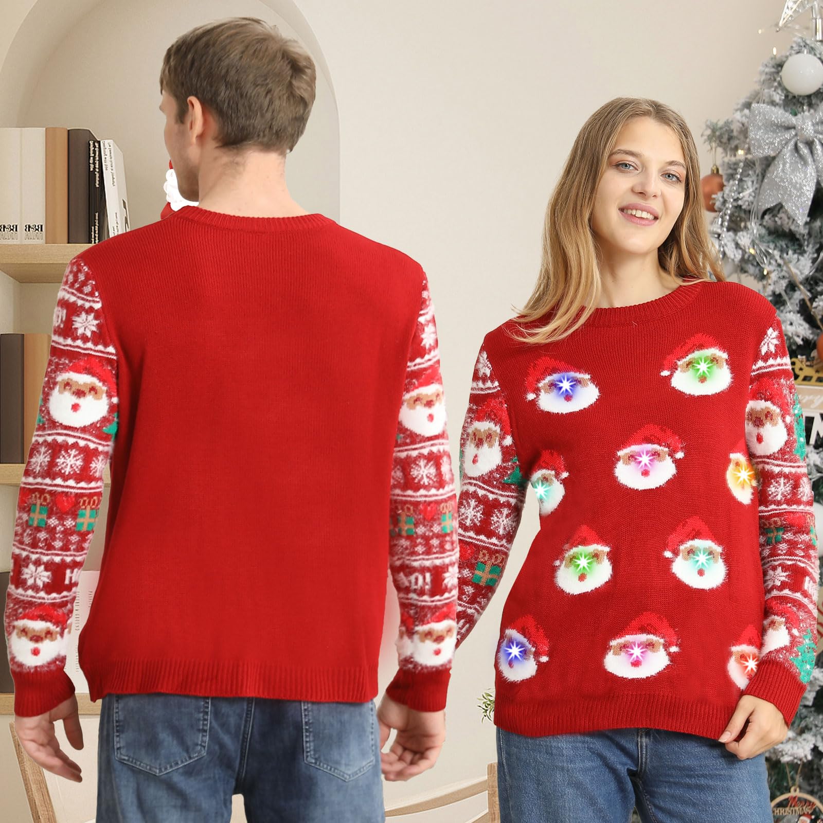 Kouric Maglione Natalizio Luci Coppia, Maglioni Natalizi Famiglia Ugly Christmas Sweater con a LED, Divertenti Maglione Natale Illumina Manica Lunga Brutti per Donna/Uomo/Famiglia